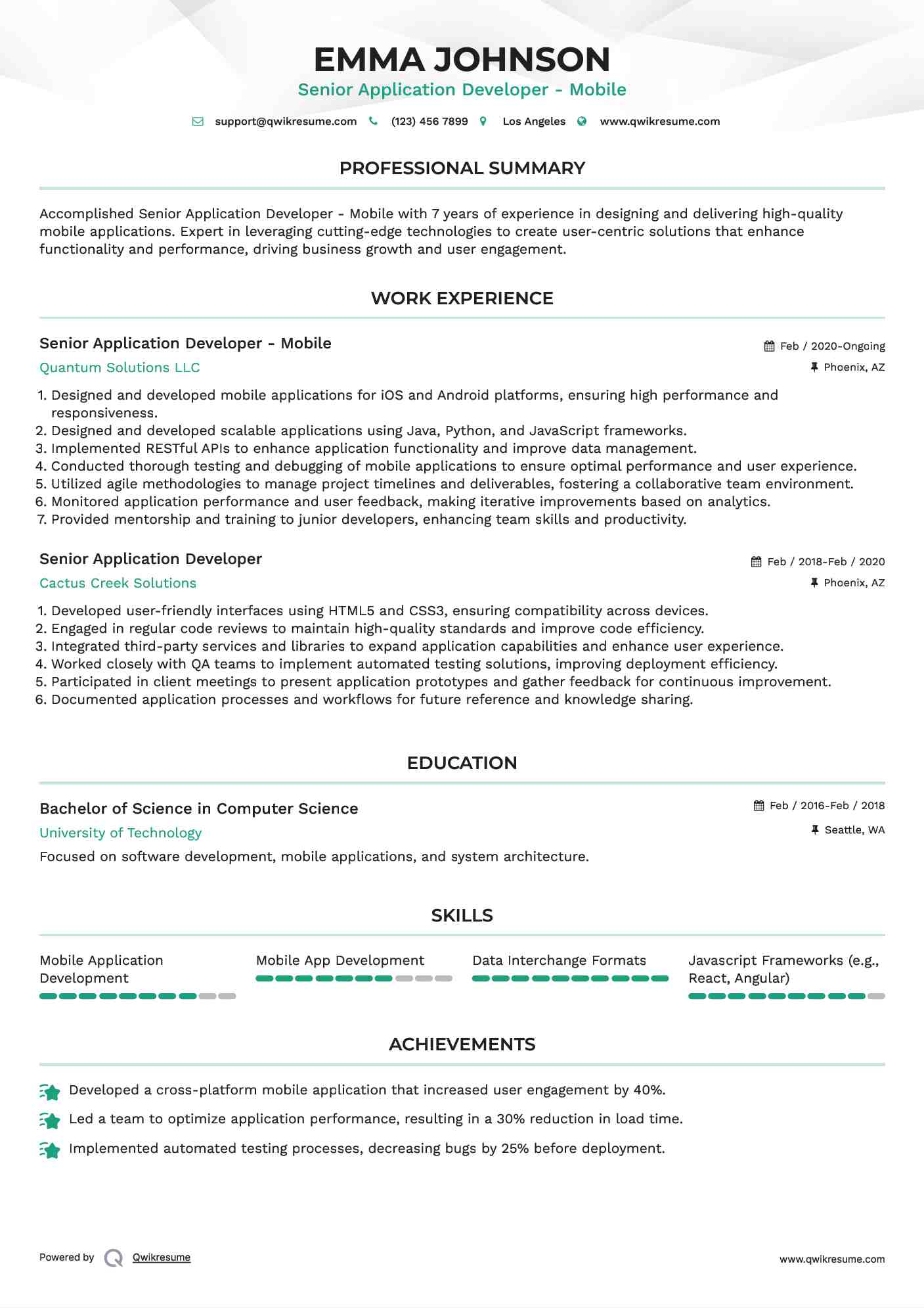 Senior Application Developer - Mobile Resume Model