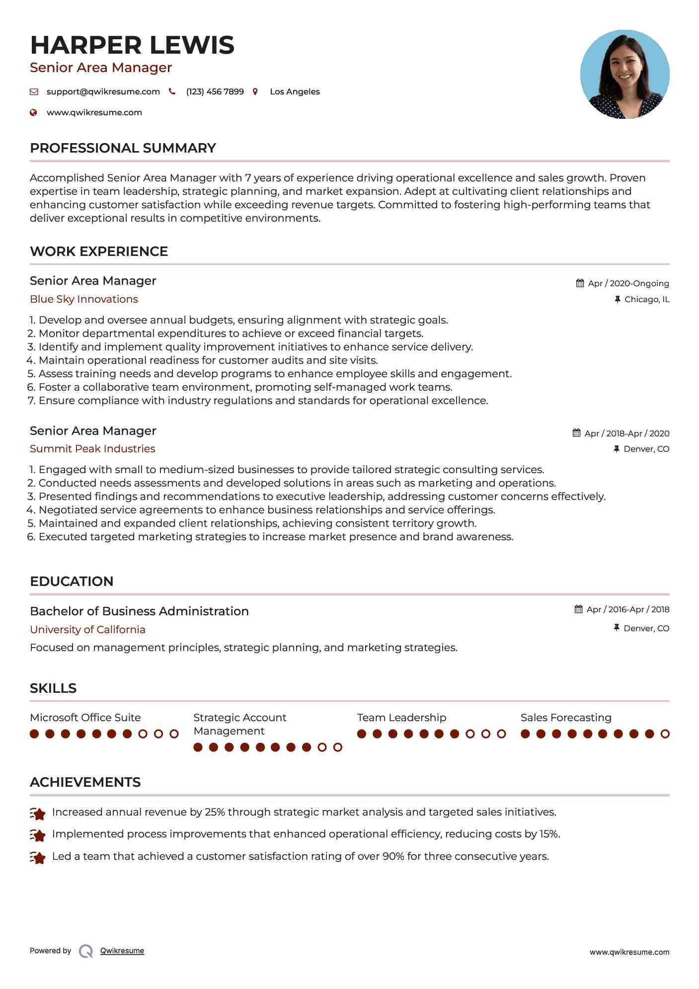 Senior Area Manager Resume Model