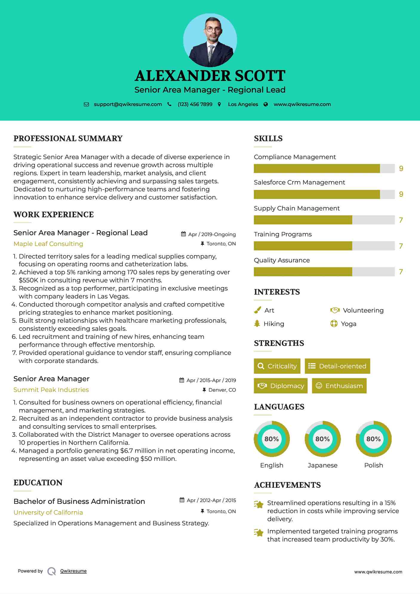 Senior Area Manager - Regional Lead Resume Format