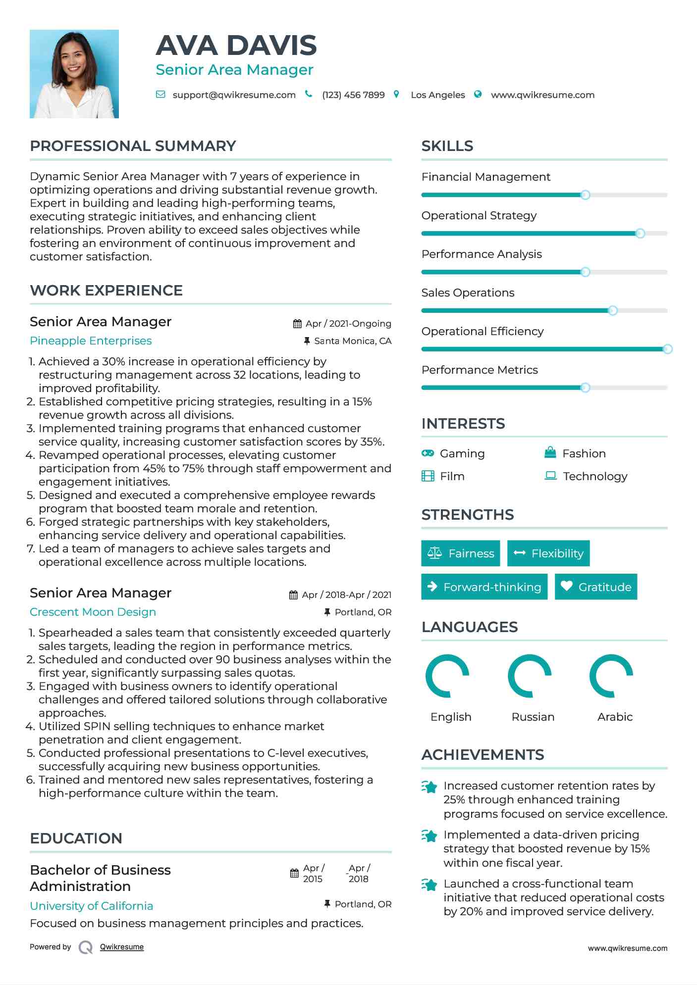 Senior Area Manager Resume Model
