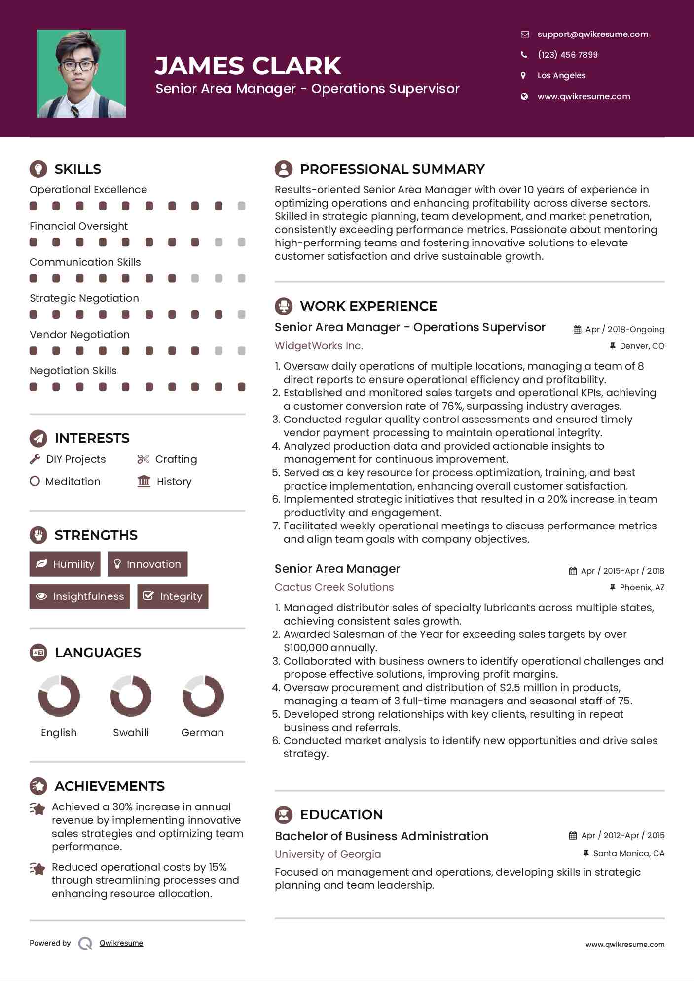 Senior Area Manager - Operations Supervisor Resume Example