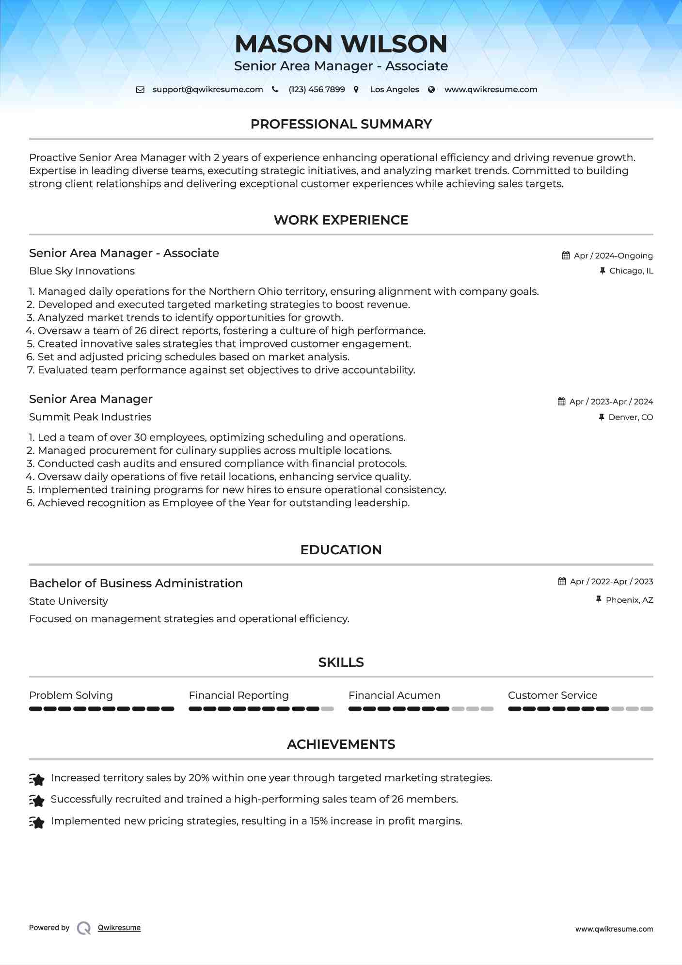 Senior Area Manager - Associate Resume Example