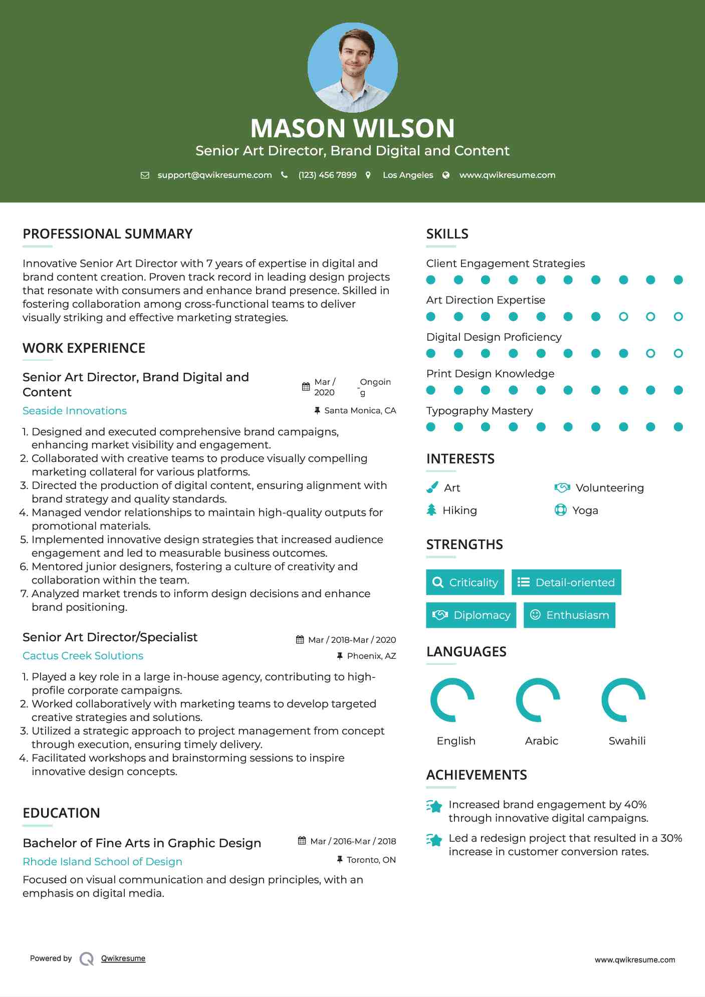 Senior Art Director, Brand Digital and Content
 Resume Model