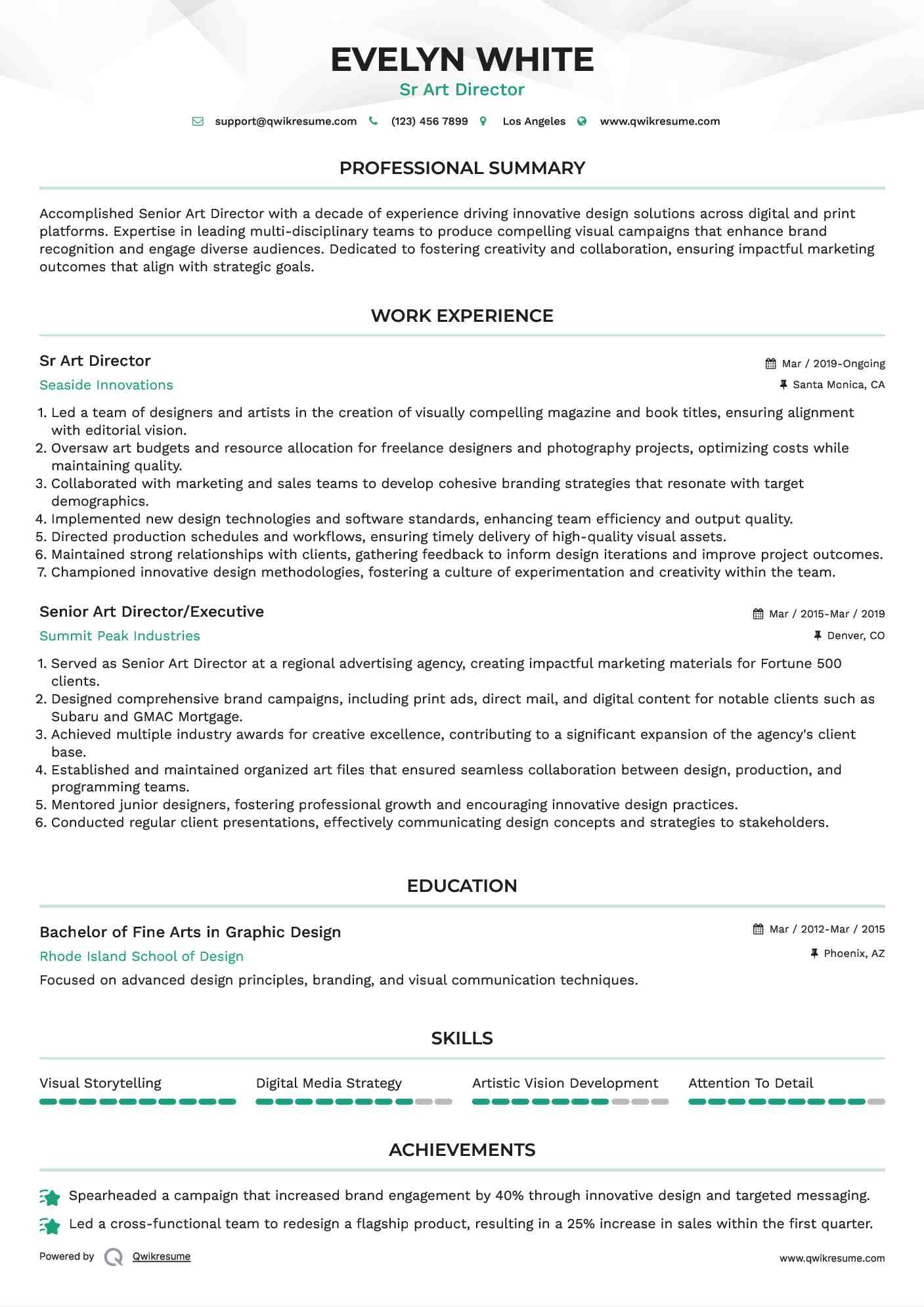 Sr Art Director
 Resume Model