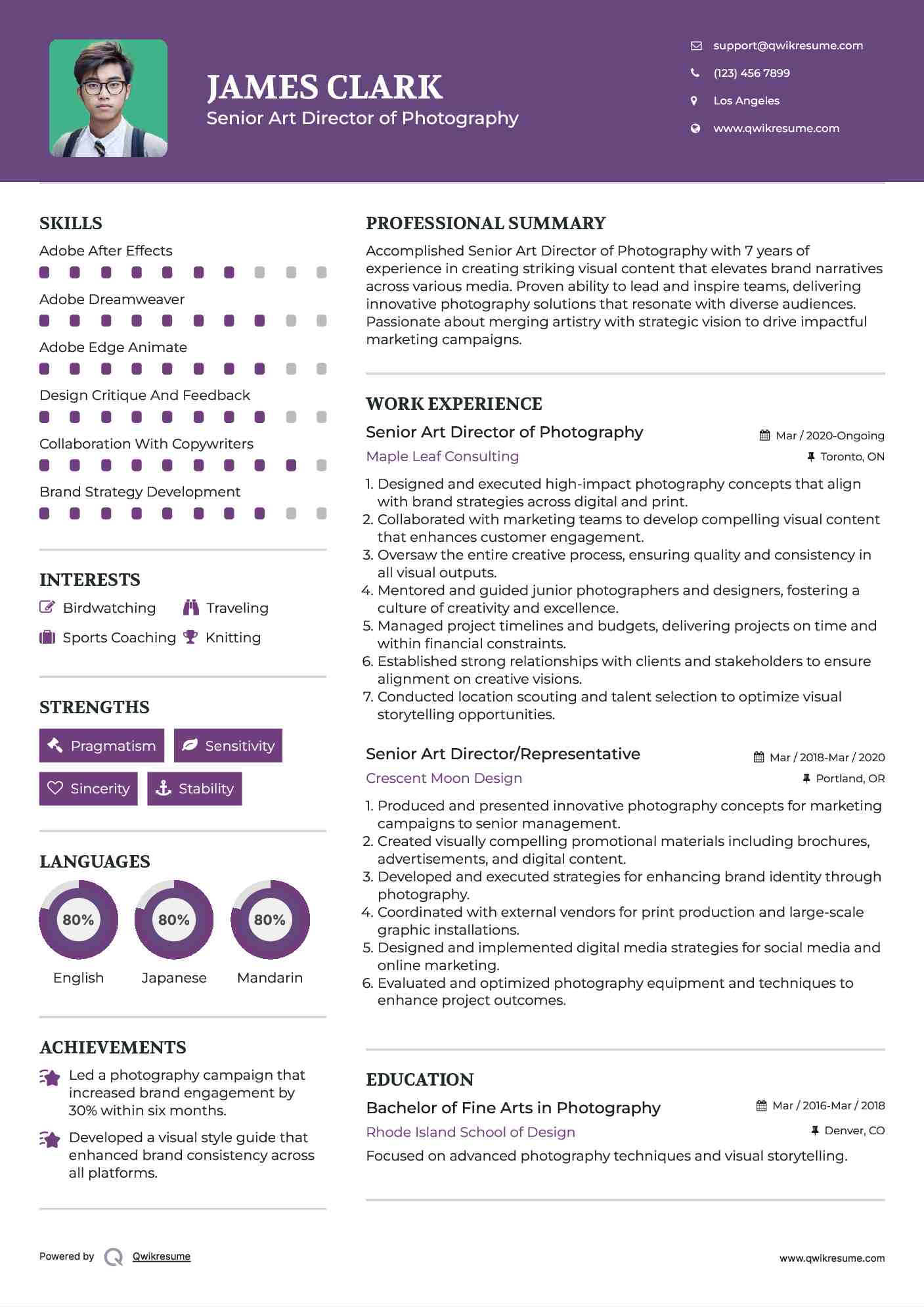 Senior Art Director of Photography
 Resume Sample