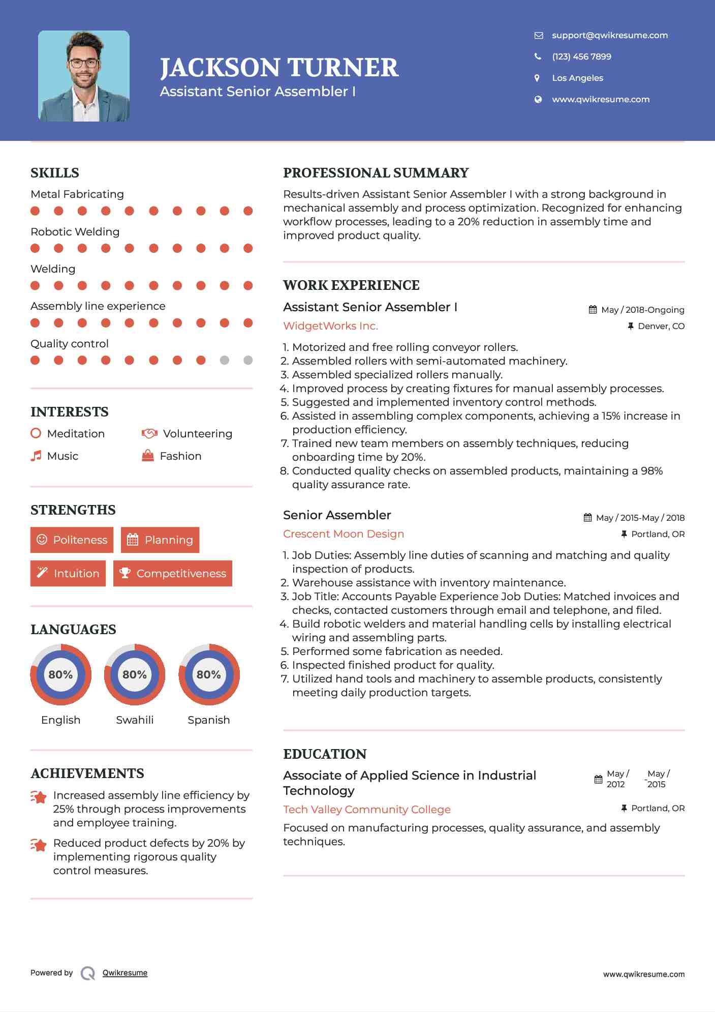 Assistant Senior Assembler I Resume Model