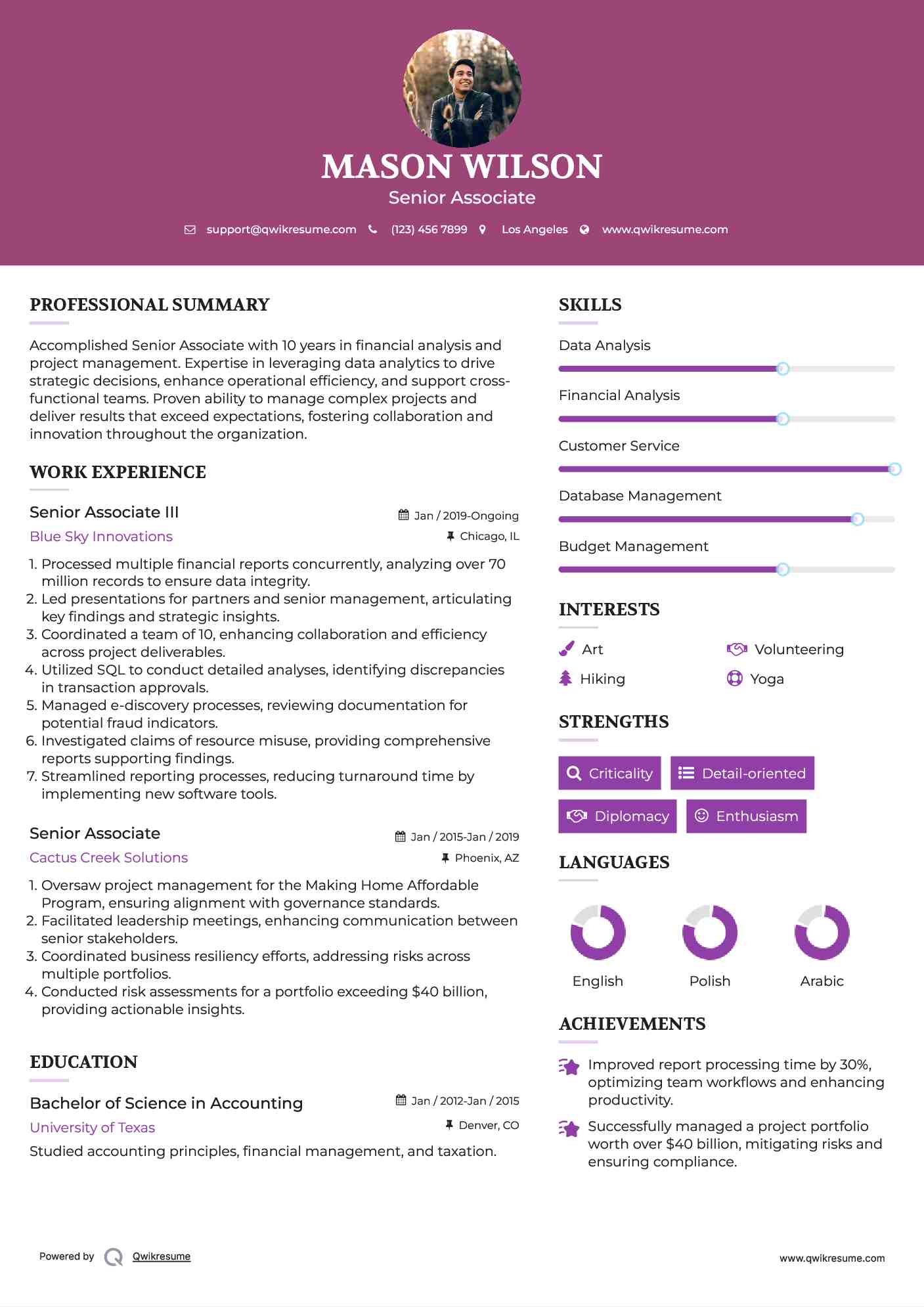 Senior Associate III Resume Sample