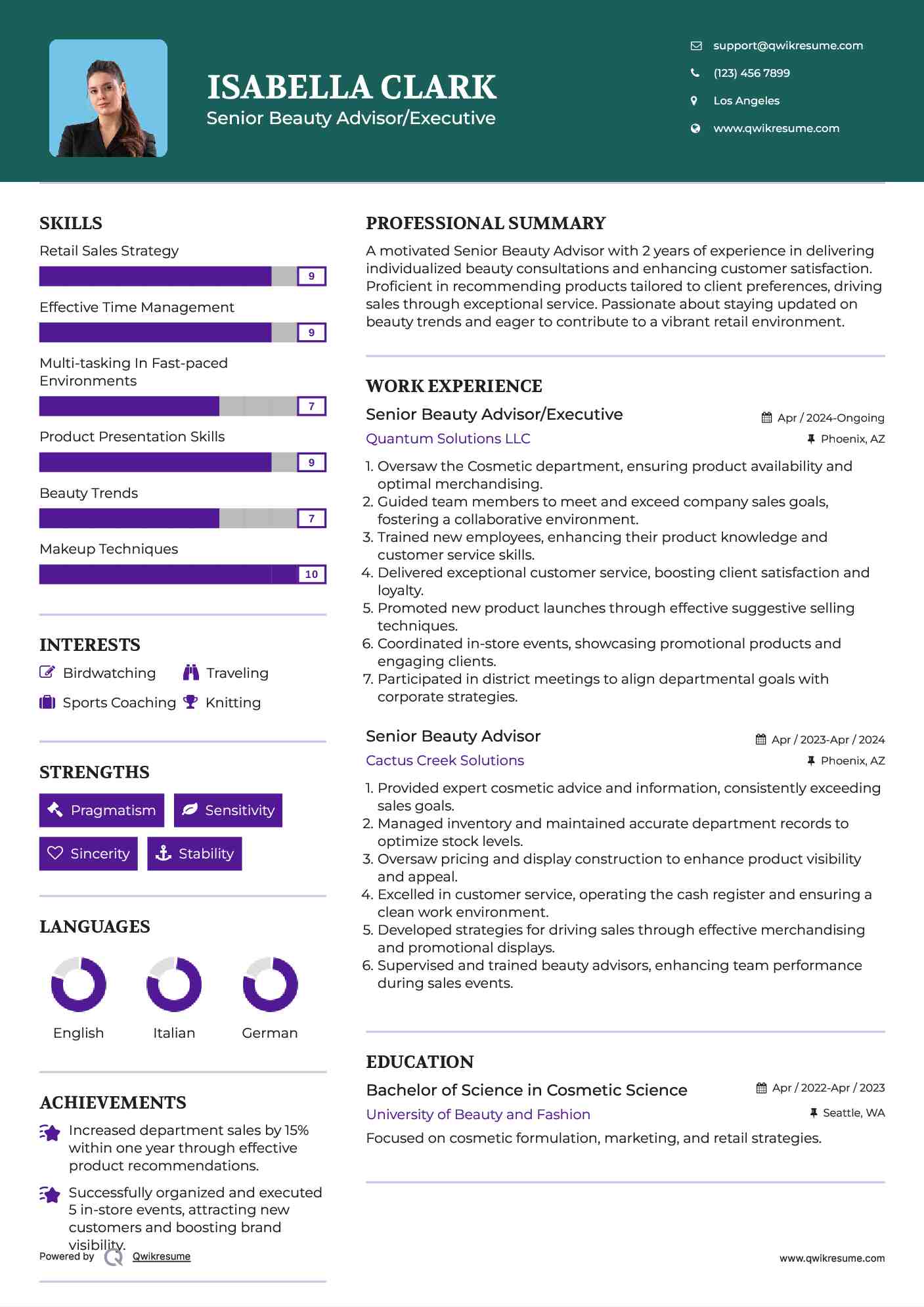 Senior Beauty Advisor/Executive Resume Example