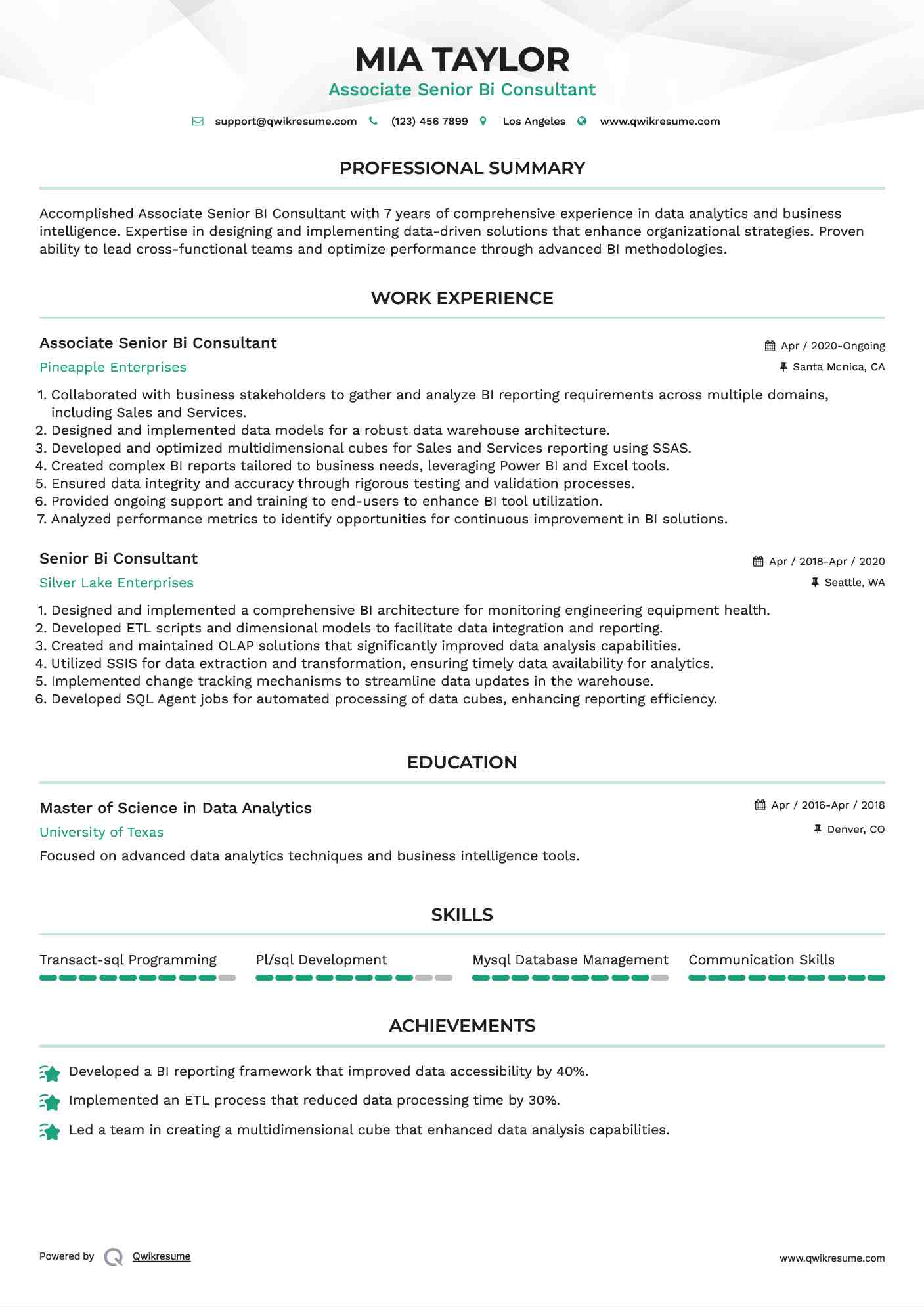 Associate Senior Bi Consultant Resume Example