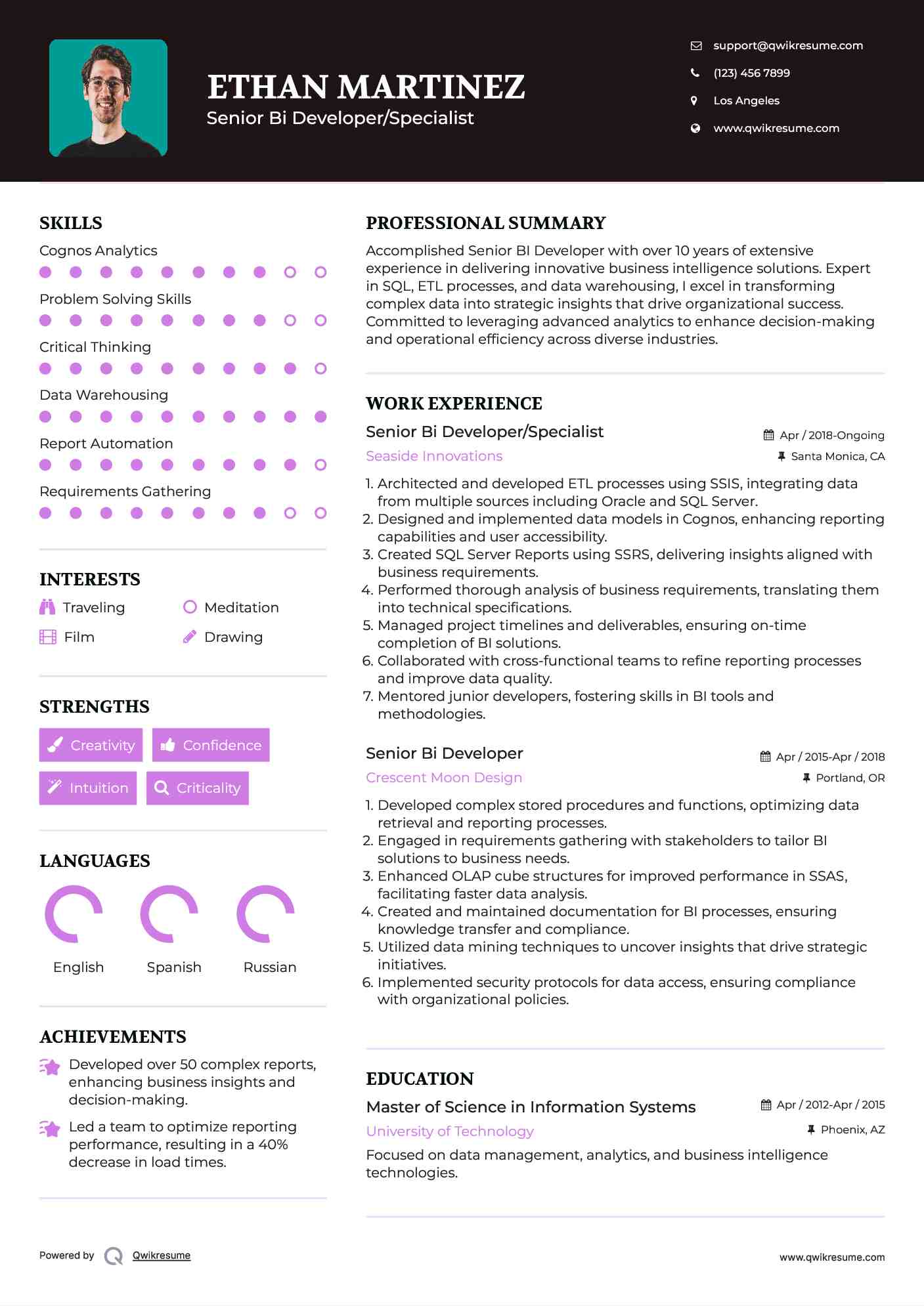 Senior Bi Developer/Specialist Resume Sample