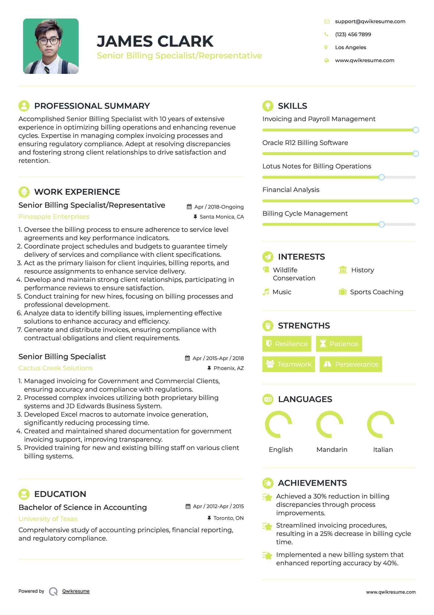 Senior Billing Specialist/Representative Resume Format