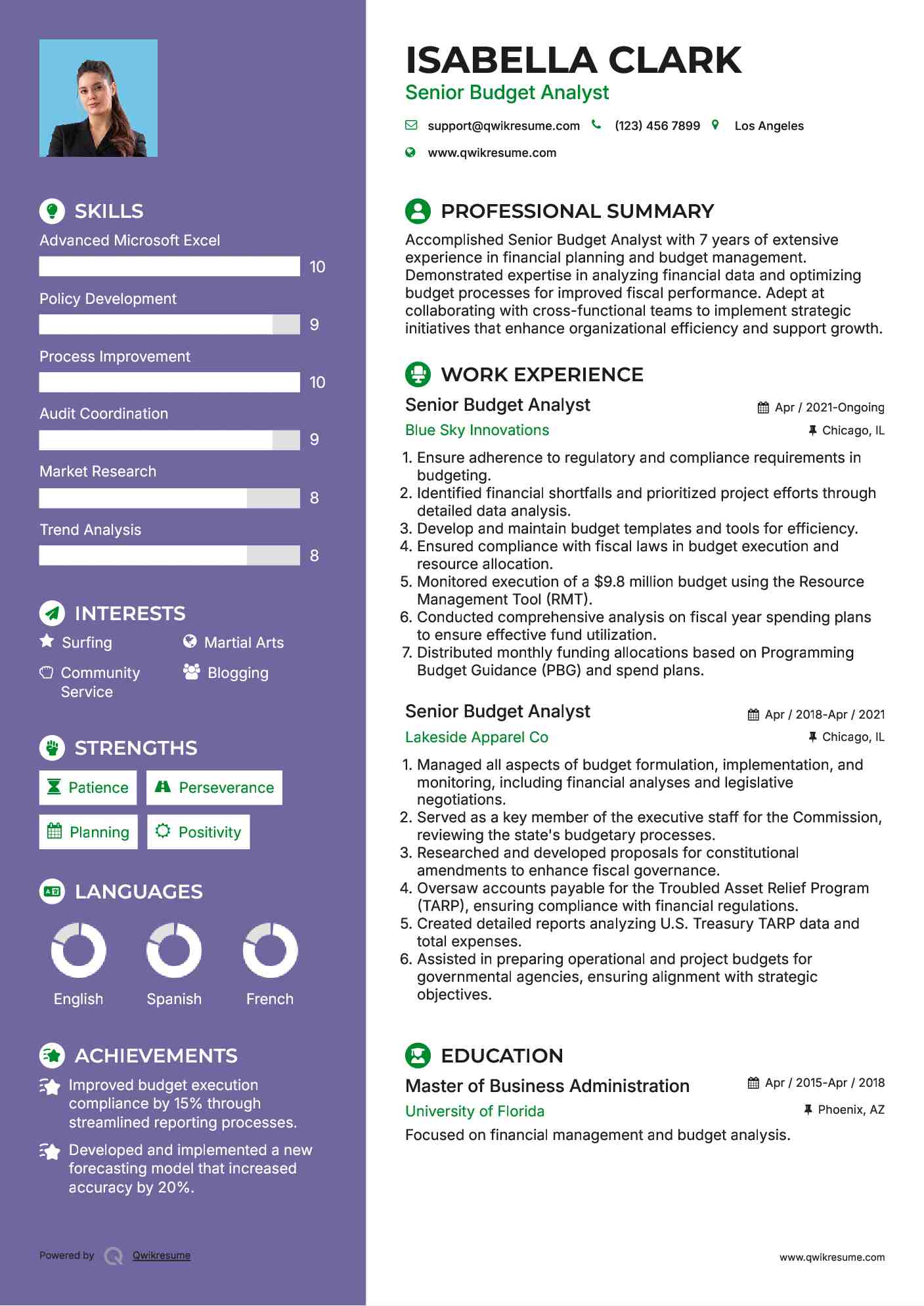 Senior Budget Analyst Resume Example