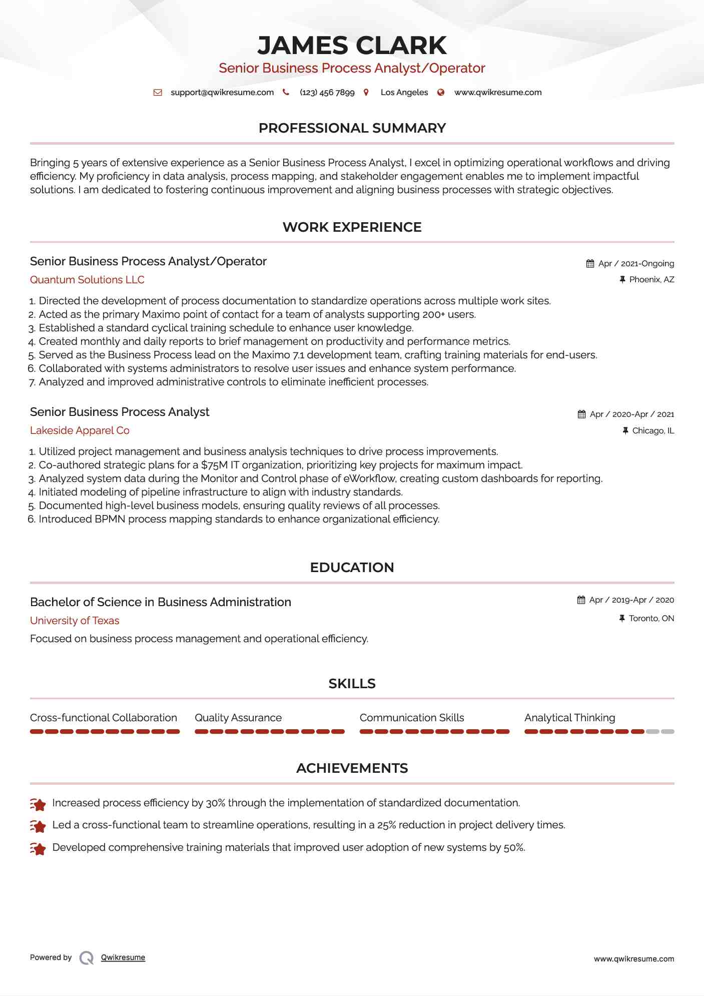 Senior Business Process Analyst/Operator Resume Format