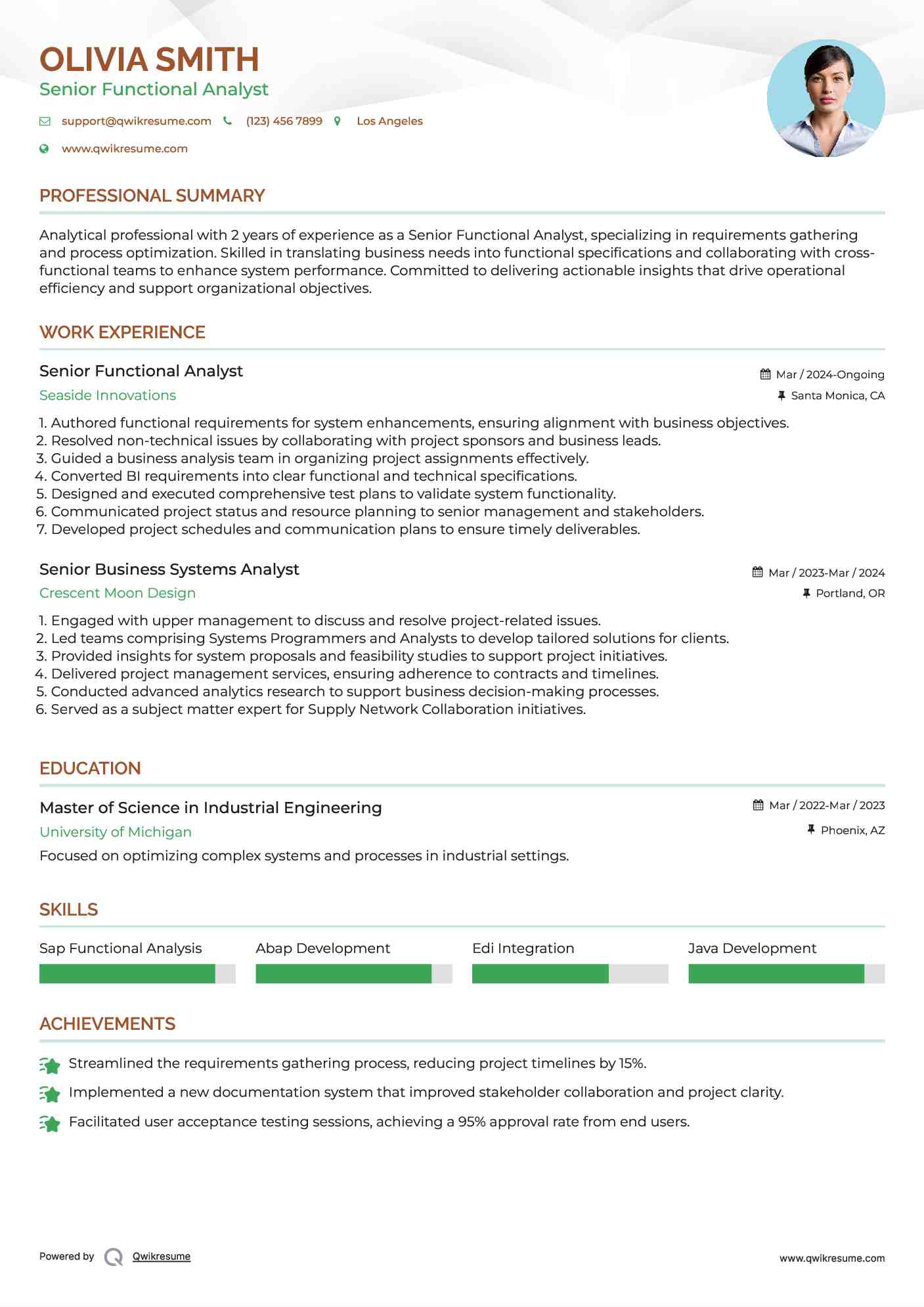 Senior Functional Analyst Resume Example