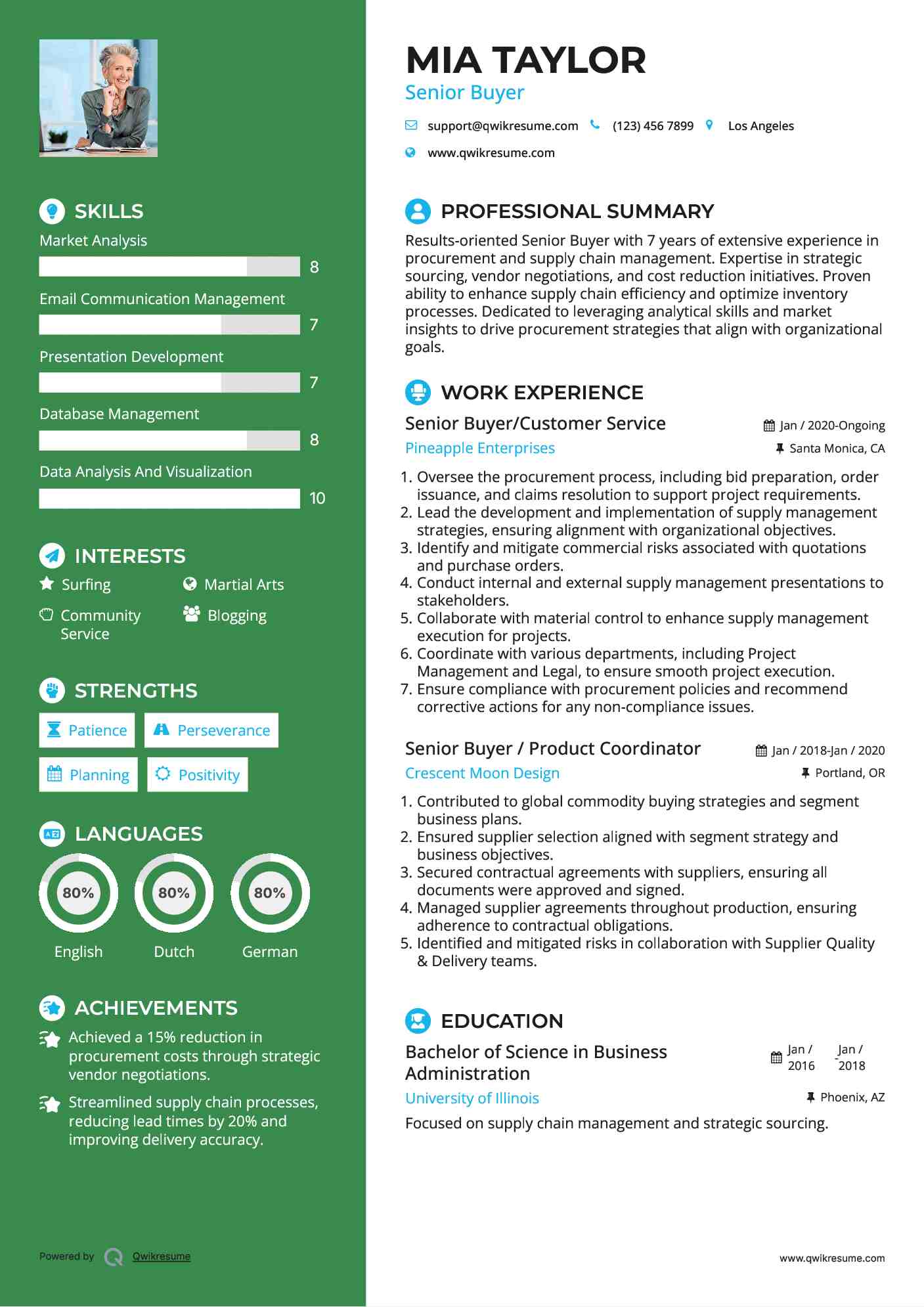 Senior Buyer/Customer Service Resume Sample