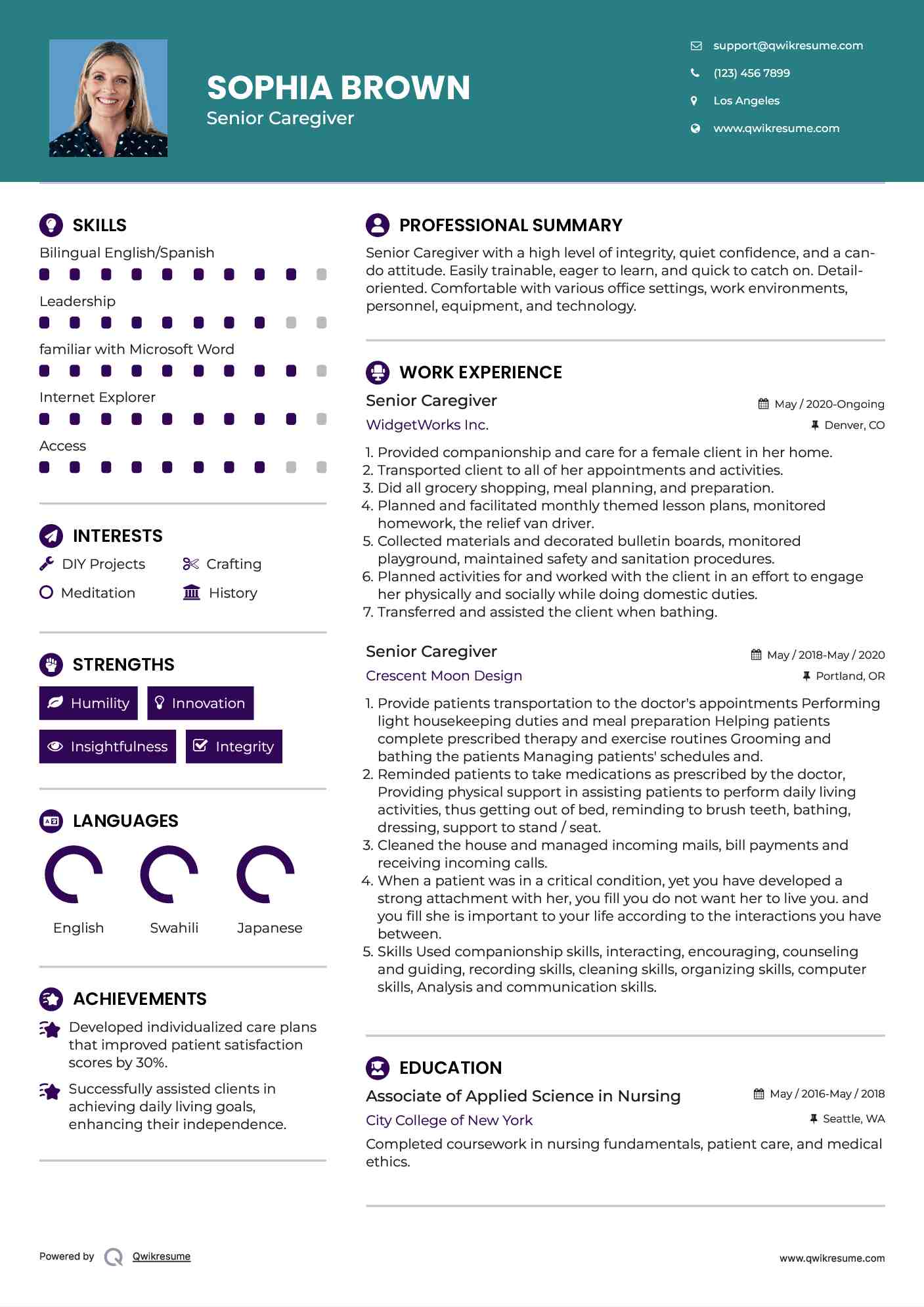Senior Caregiver Resume Sample