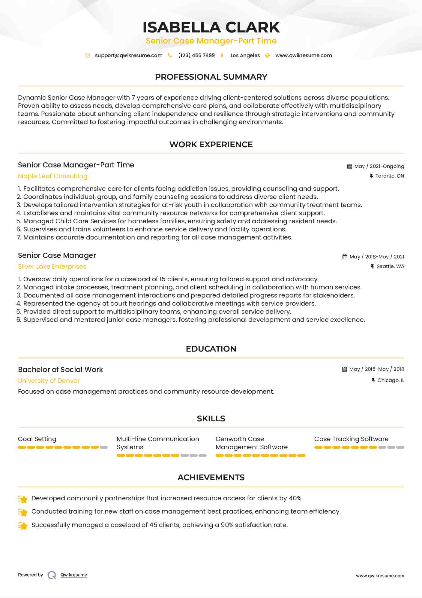 Senior Case Manager-Part Time Resume Template