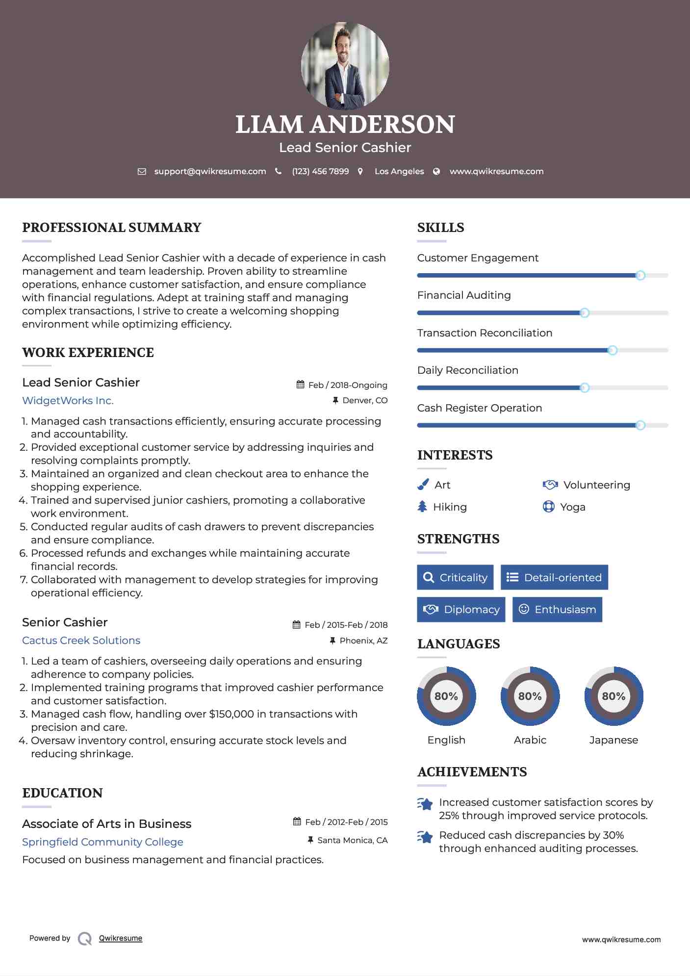 Lead Senior Cashier Resume Sample
