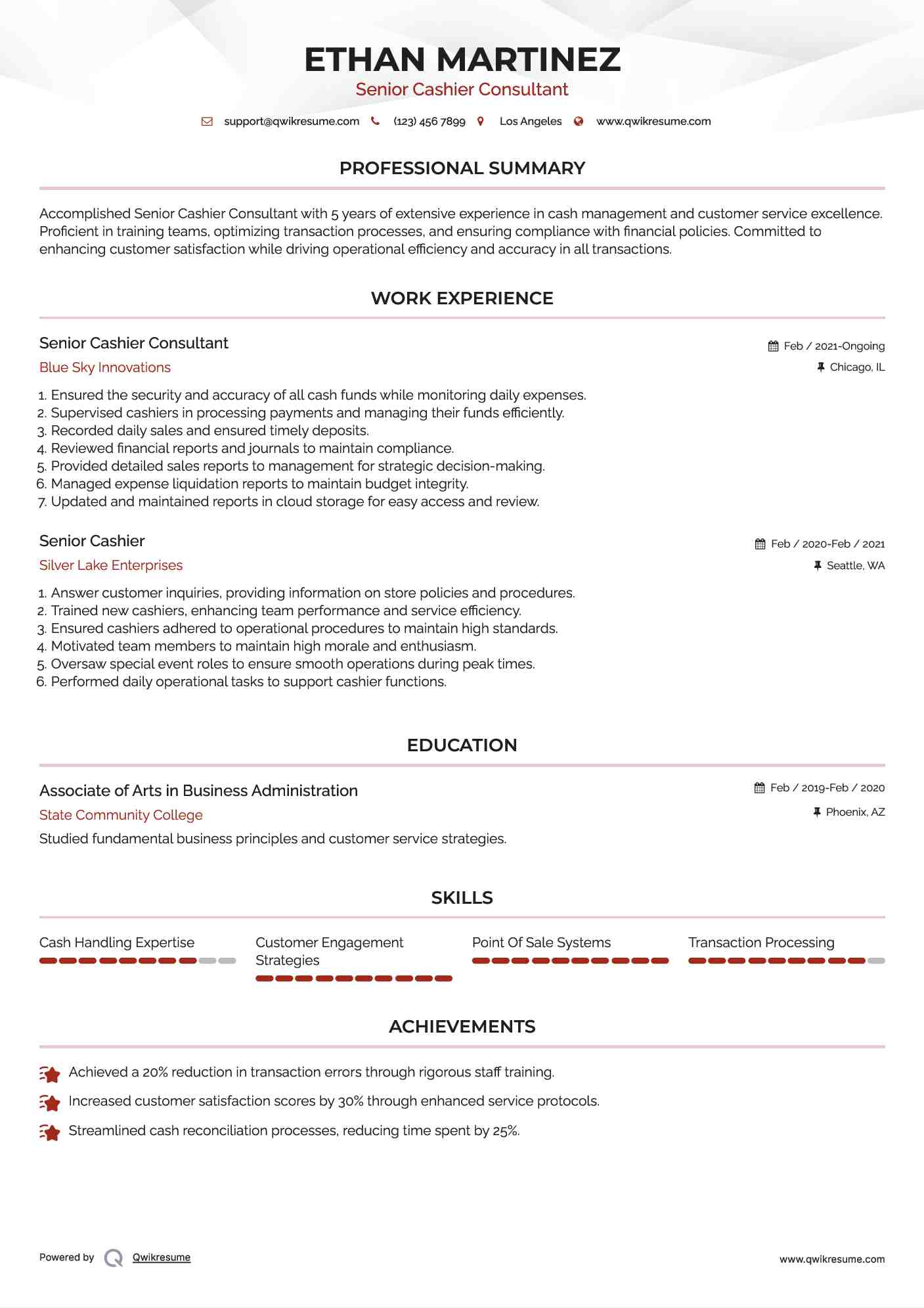 Senior Cashier Consultant Resume Template