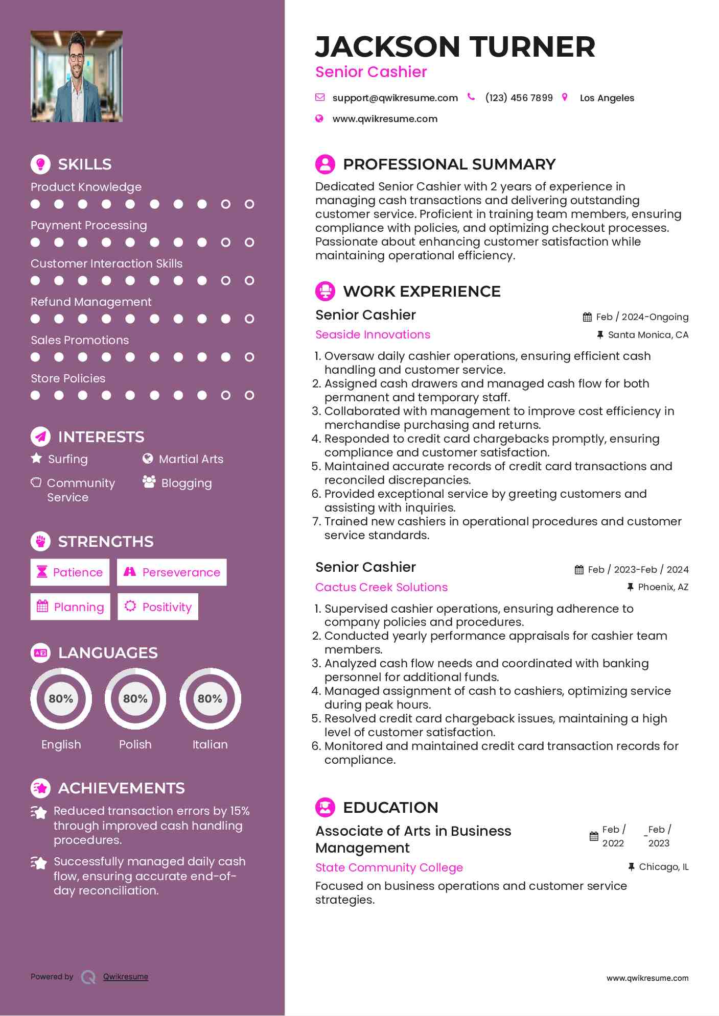 Senior Cashier Resume Sample