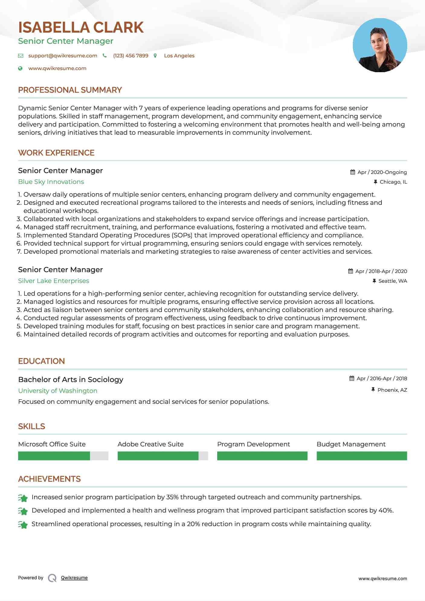 Senior Center Manager Resume Samples QwikResume
