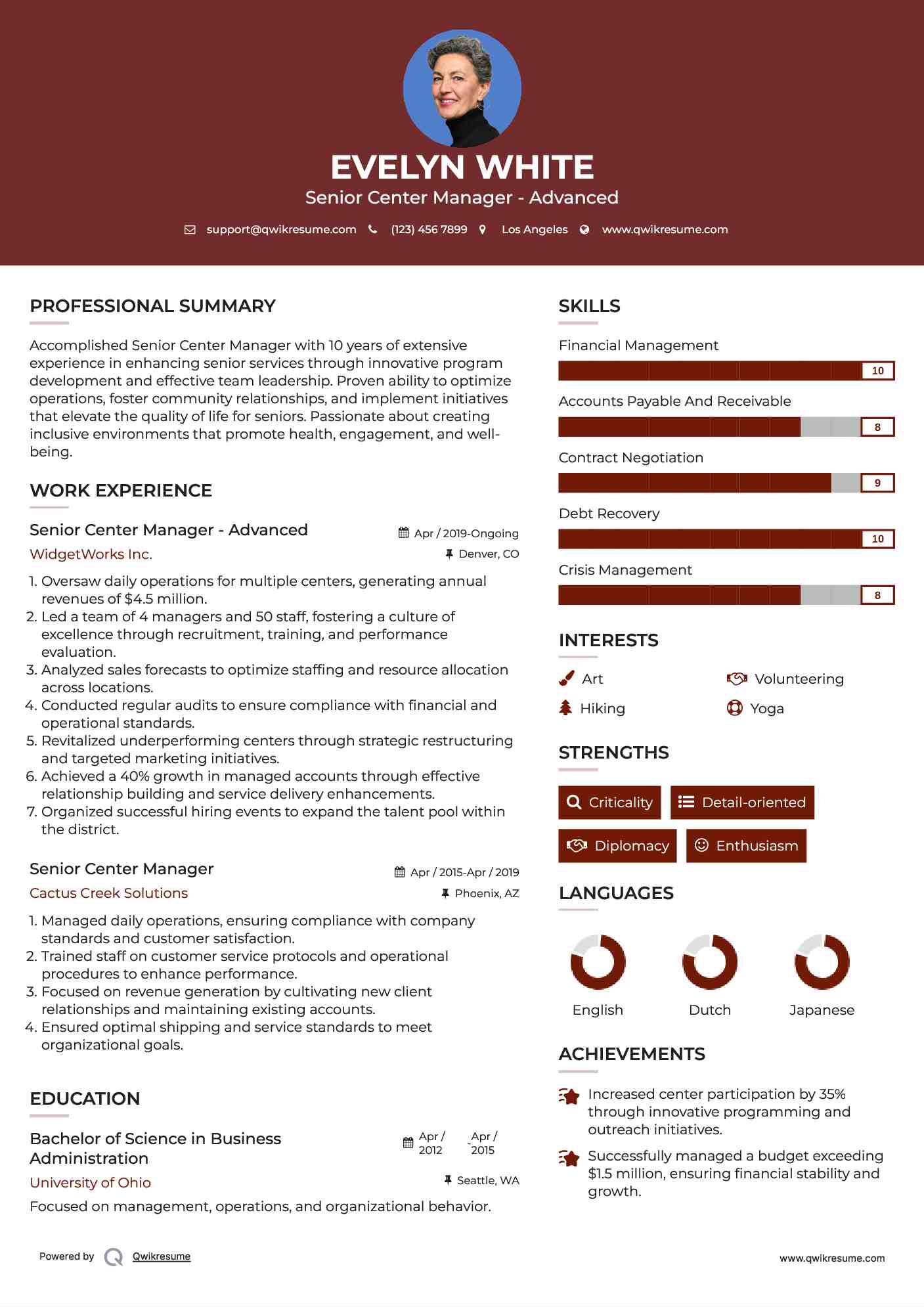Senior Center Manager Resume Samples QwikResume