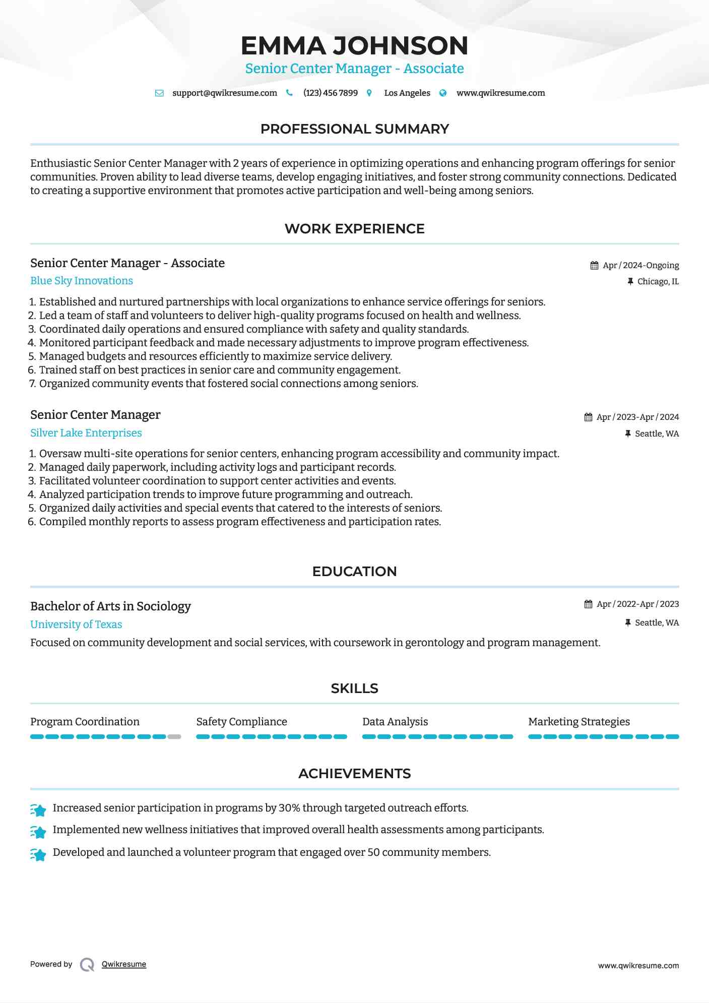Senior Center Manager Resume Samples QwikResume