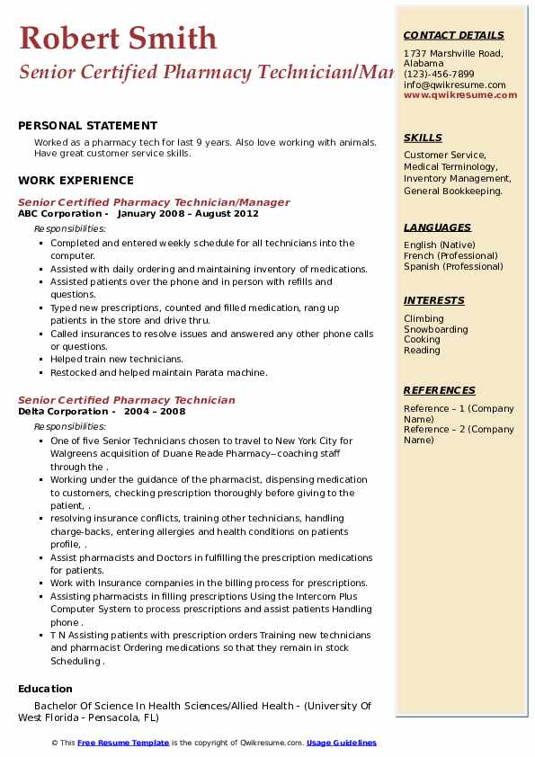 Senior Certified Pharmacy Technician Resume Samples QwikResume