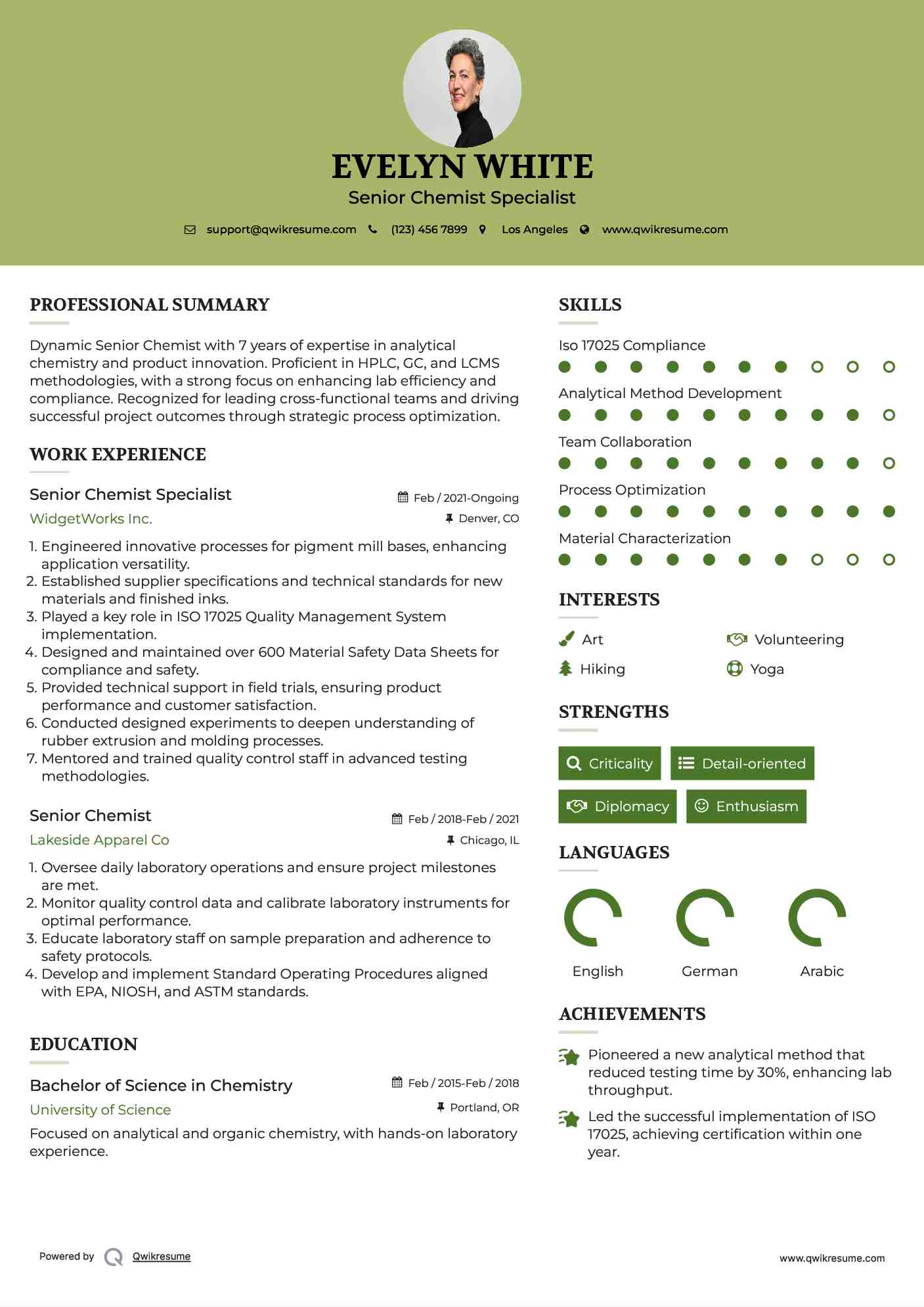 Senior Chemist Specialist Resume Model