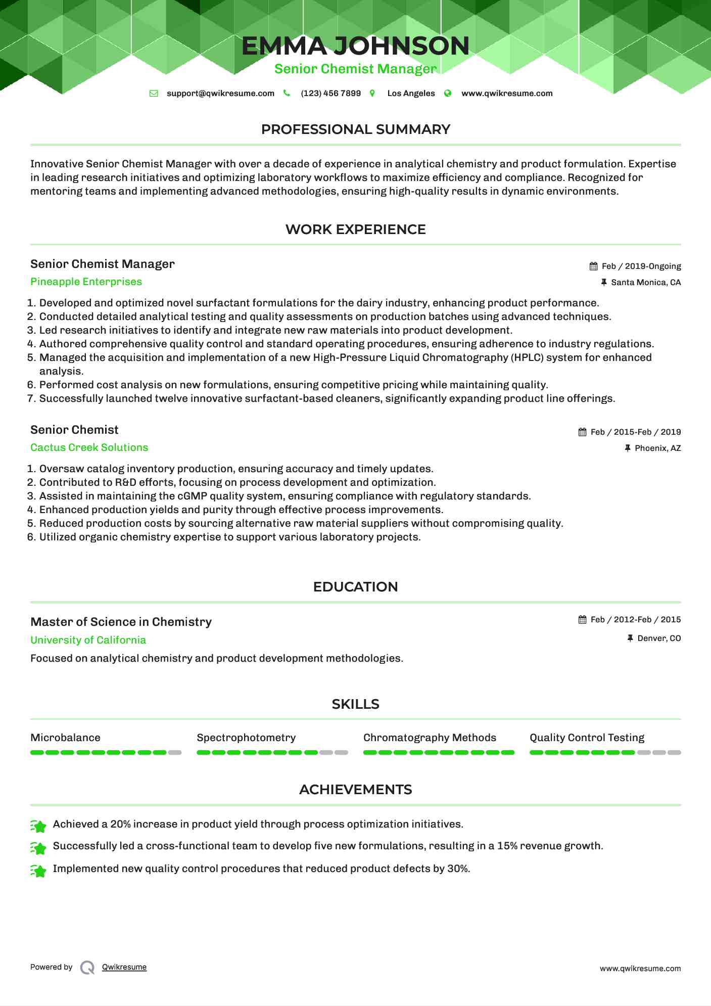 Senior Chemist Manager Resume Example