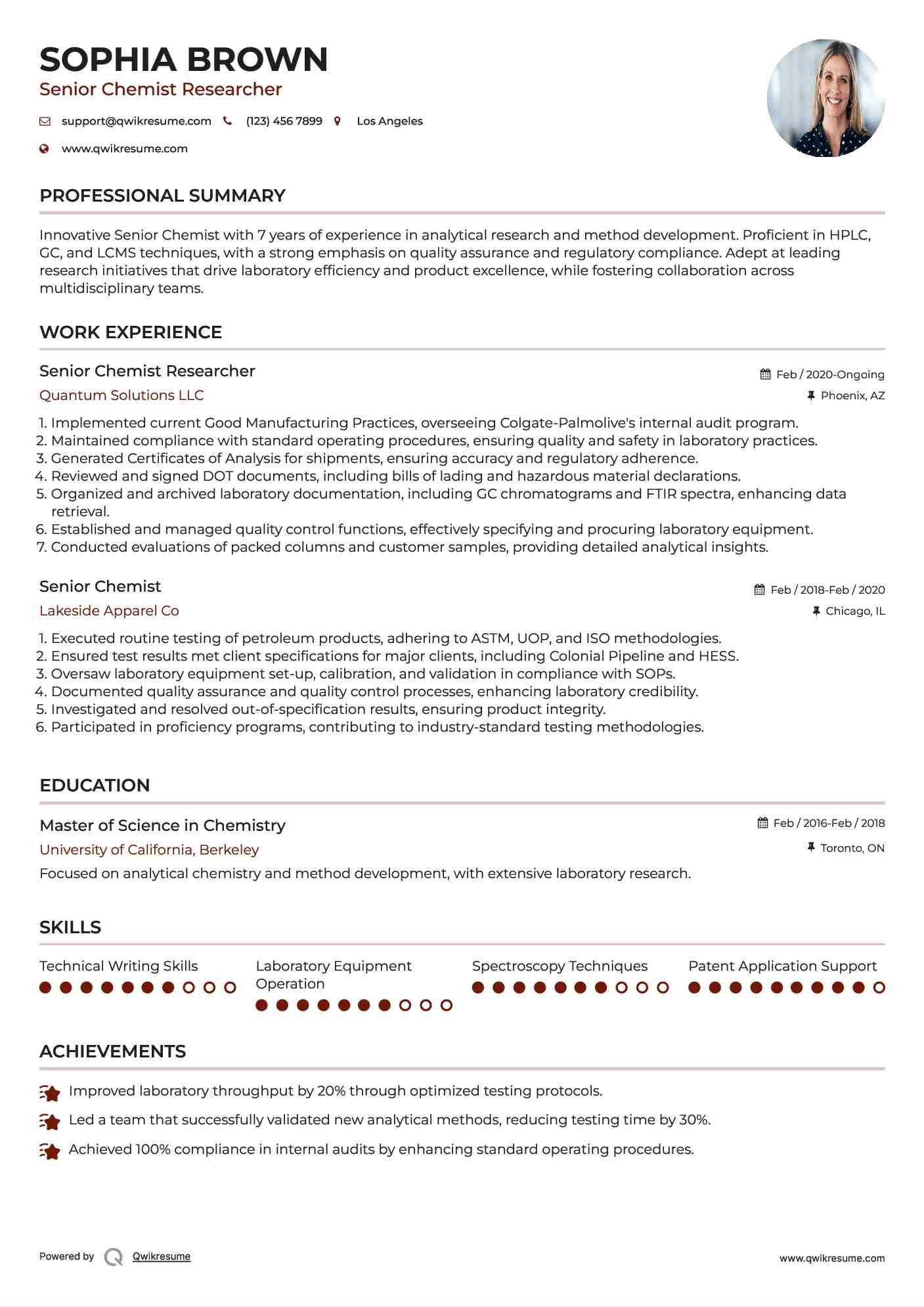 Senior Chemist Researcher Resume Sample