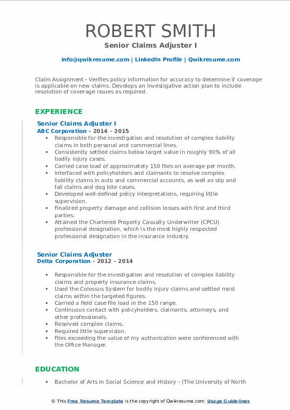 Senior Claims Adjuster Resume Samples QwikResume
