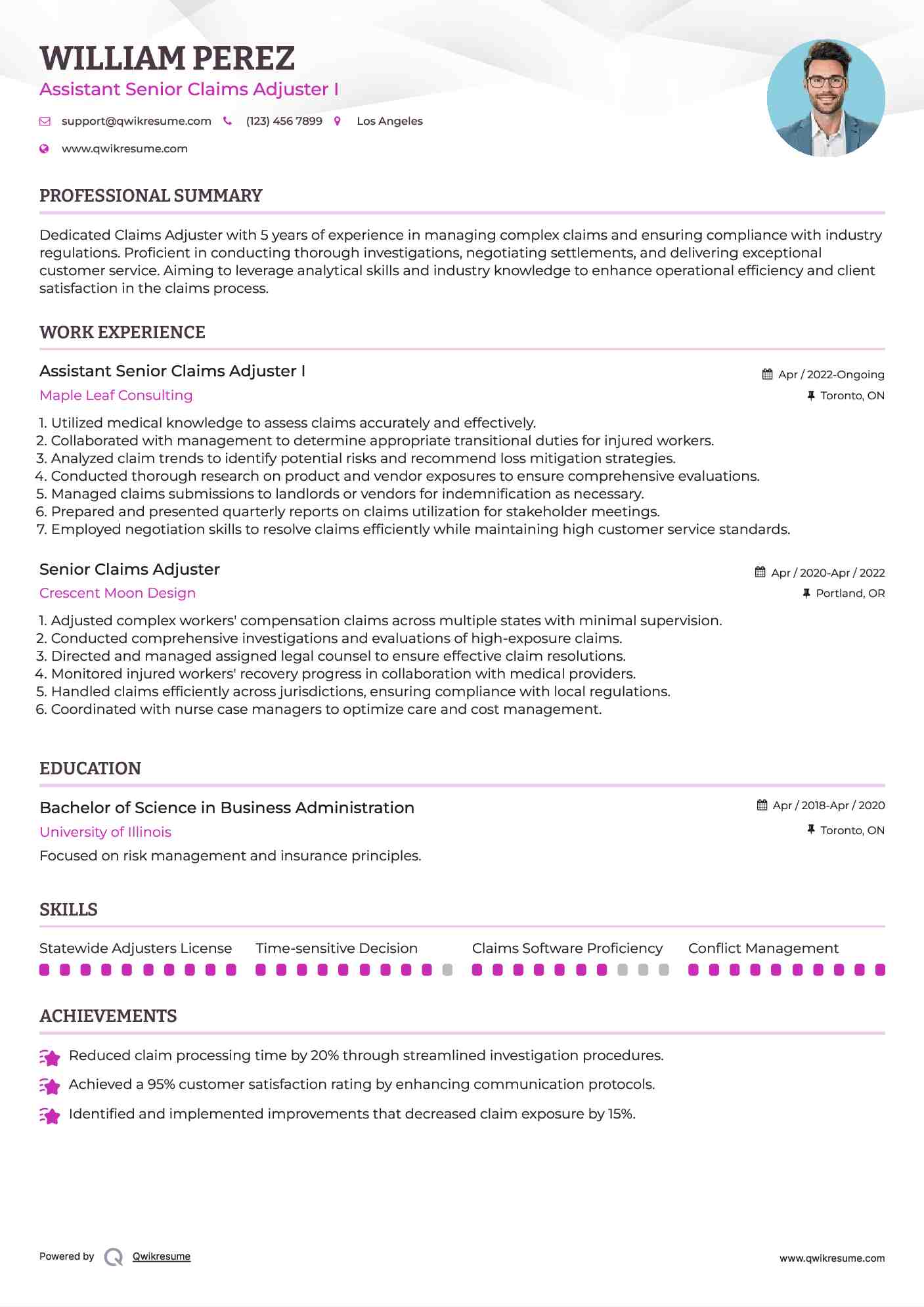 Assistant Senior Claims Adjuster I Resume Format