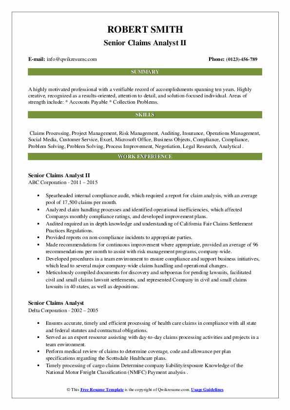 Senior Claims Analyst Resume Samples | QwikResume