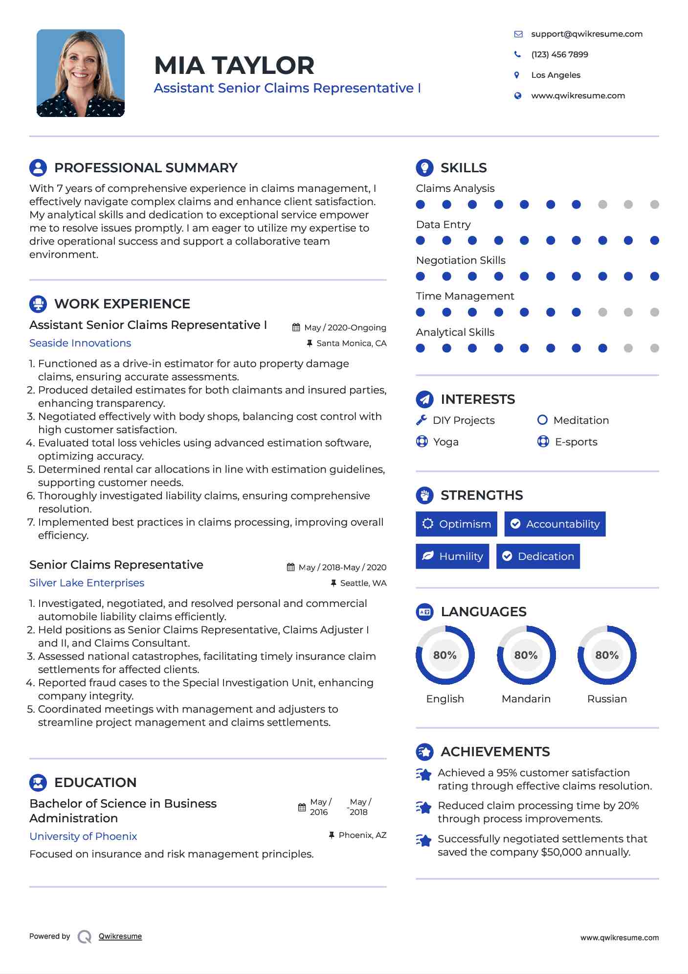 Assistant Senior Claims Representative I Resume Format