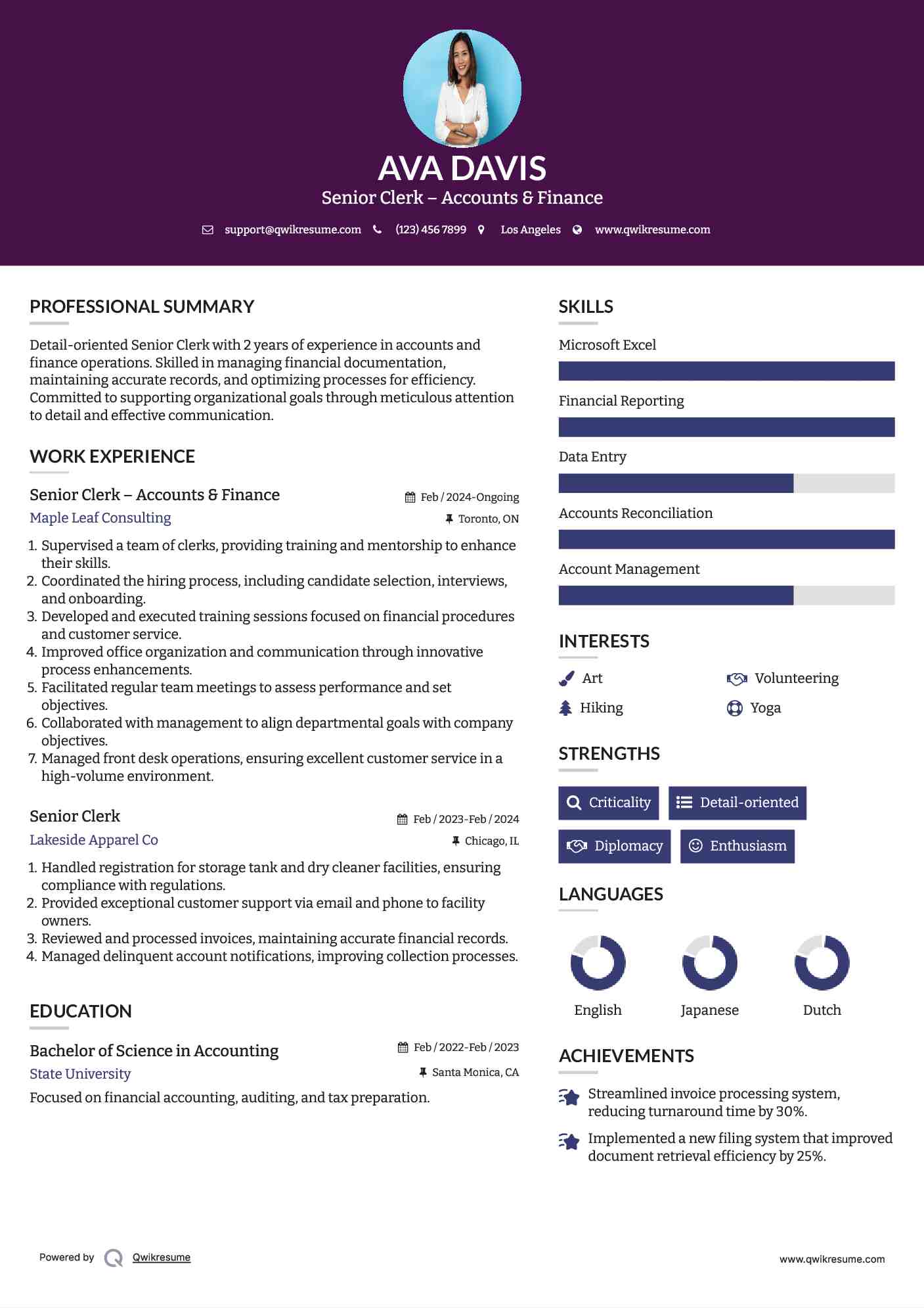 Senior Clerk – Accounts & Finance Resume Format
