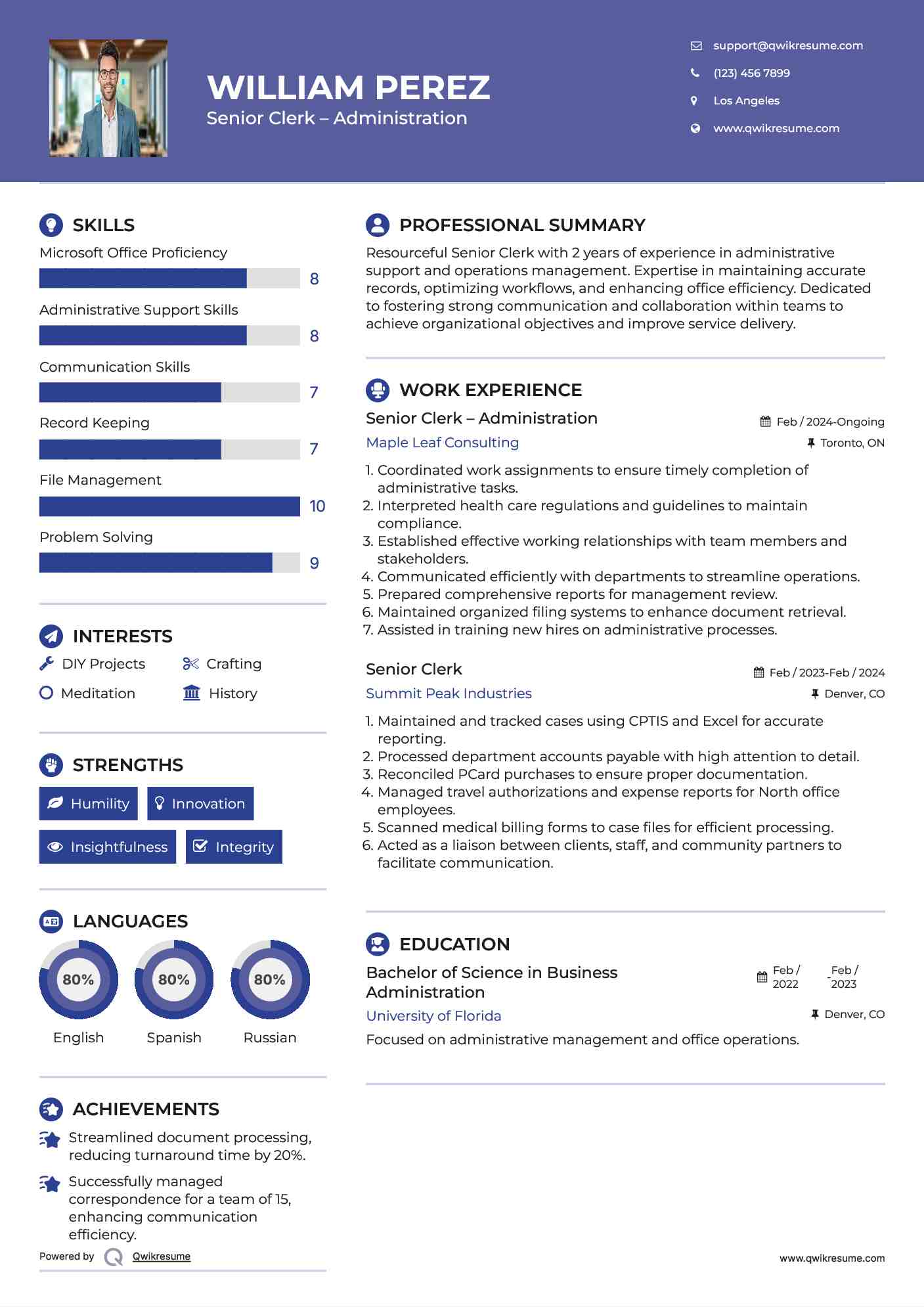 Senior Clerk – Administration Resume Model