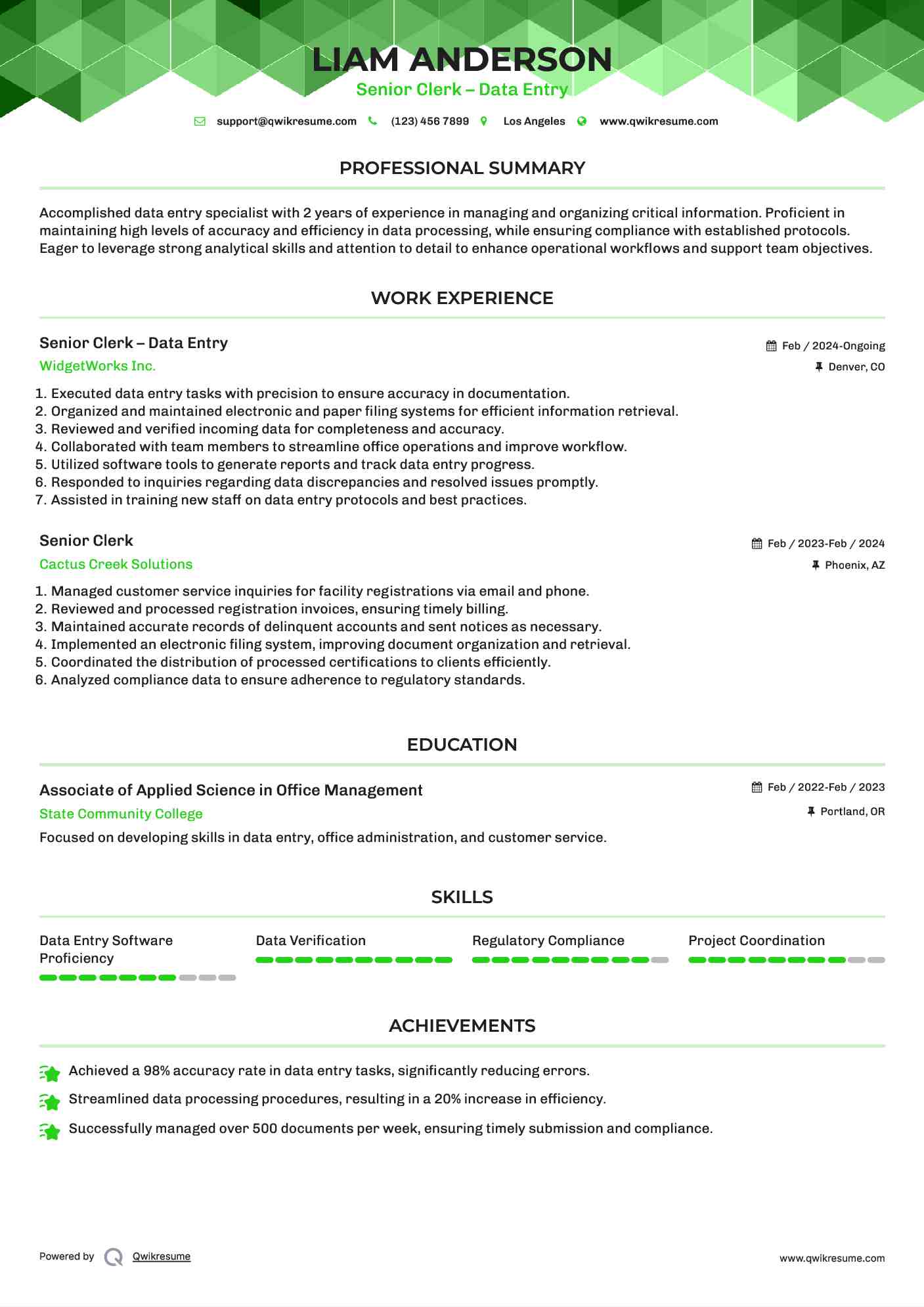 Senior Clerk – Data Entry Resume Model