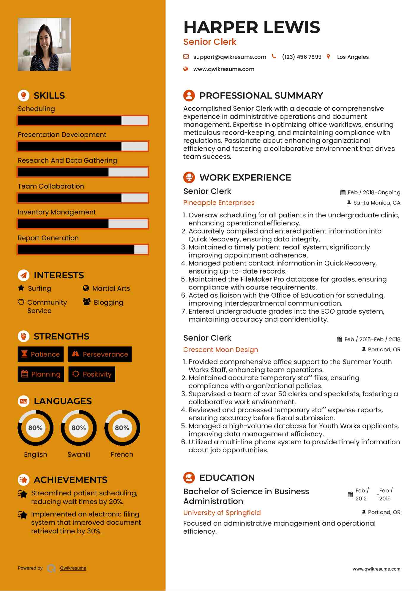 Senior Clerk Resume Sample