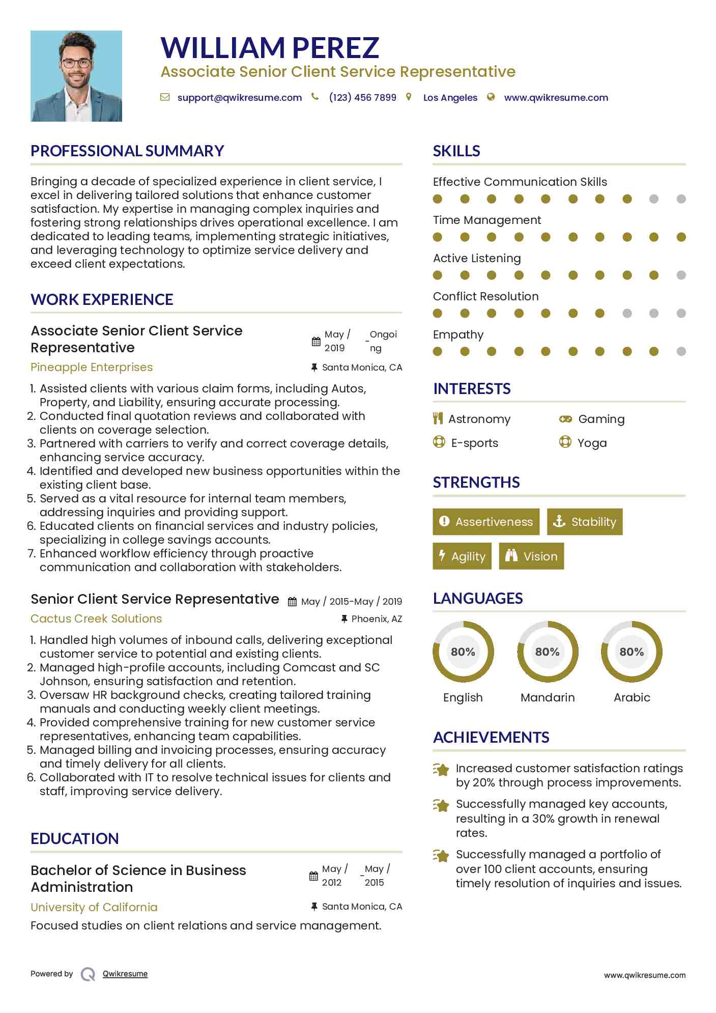 Associate Senior Client Service Representative Resume Format