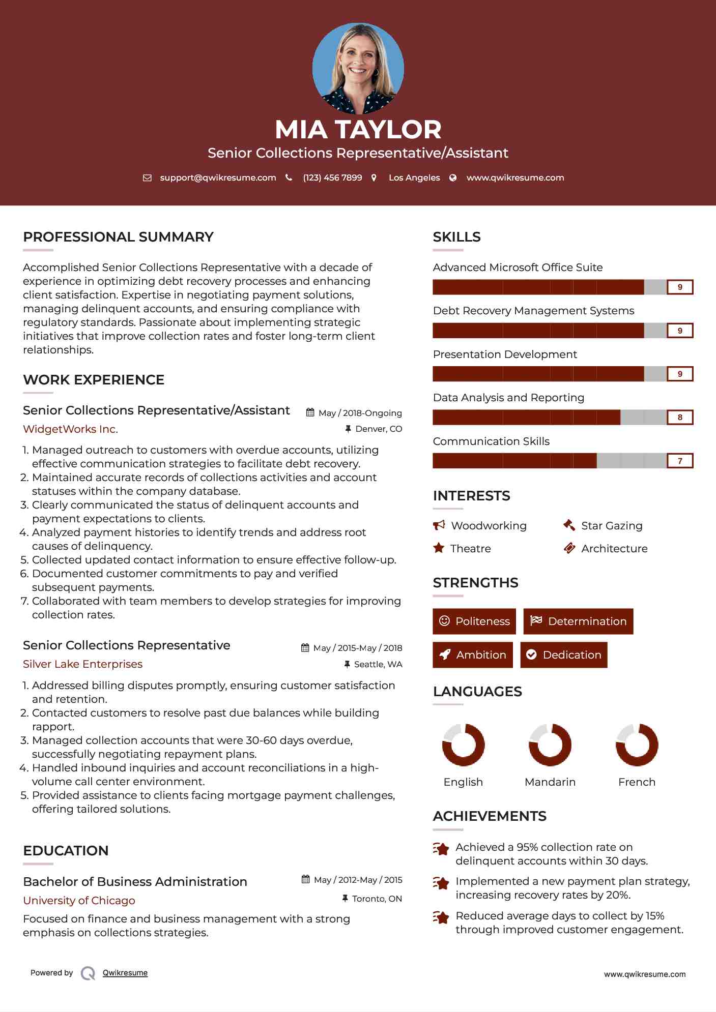 Senior Collections Representative/Assistant Resume Model