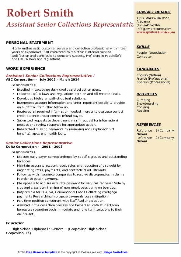 Senior Collections Representative Resume Samples QwikResume