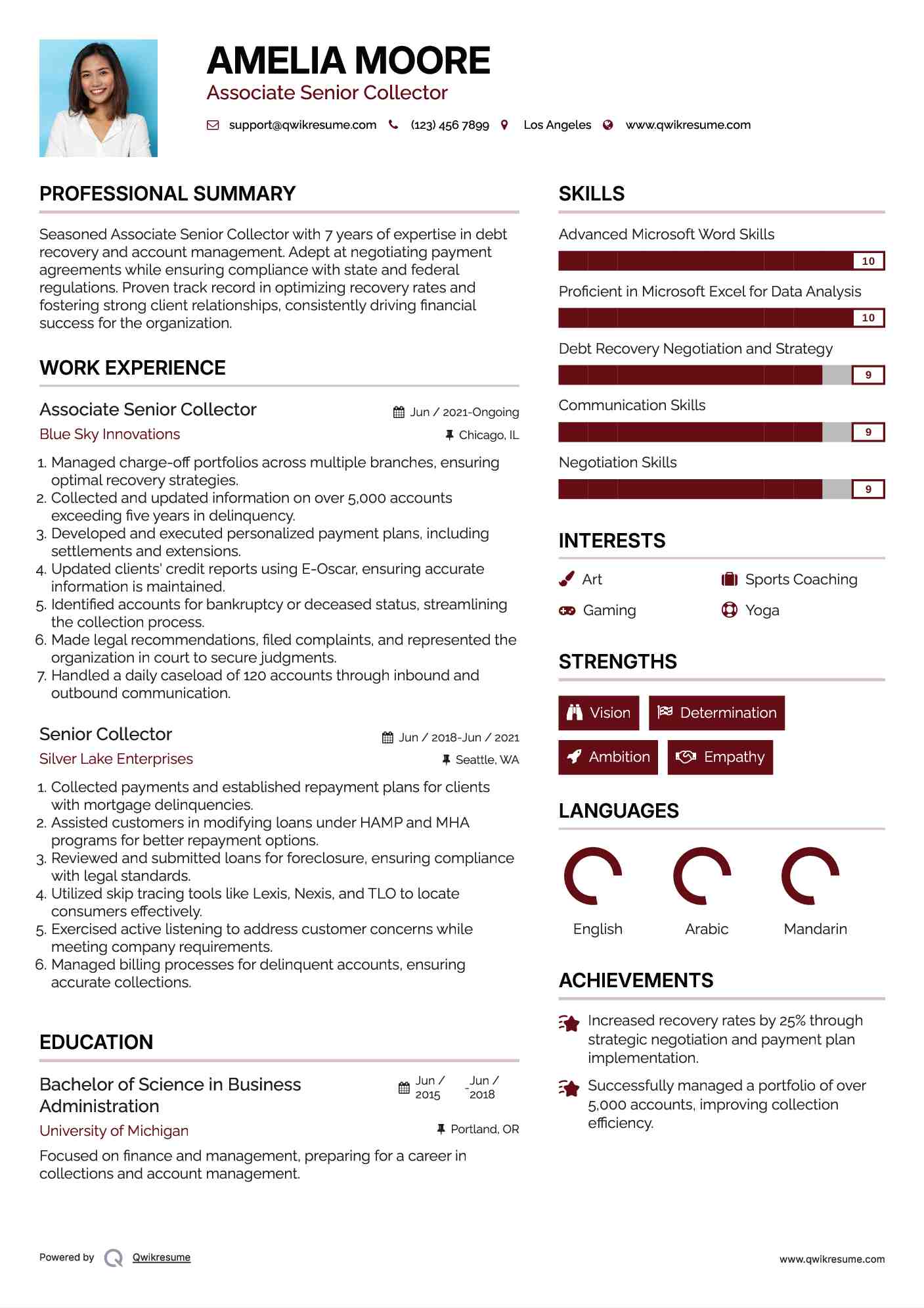 Associate Senior Collector Resume Format