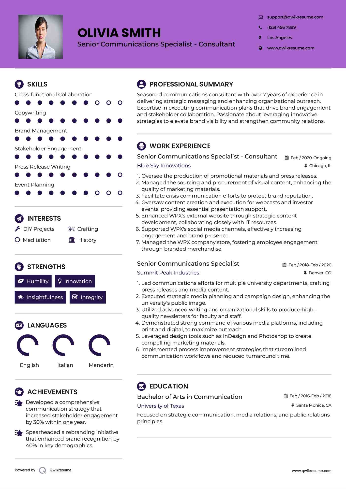 Senior Communications Specialist - Consultant Resume Format