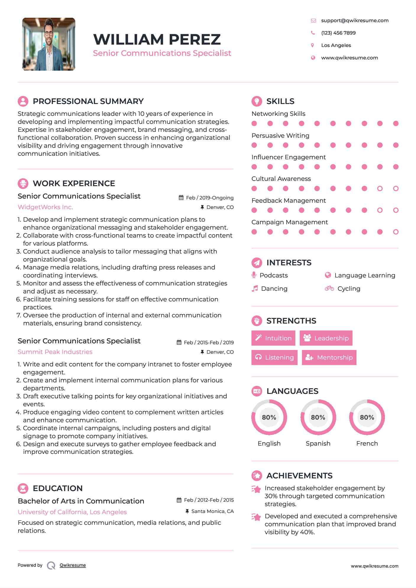 Senior Communications Specialist Resume Sample