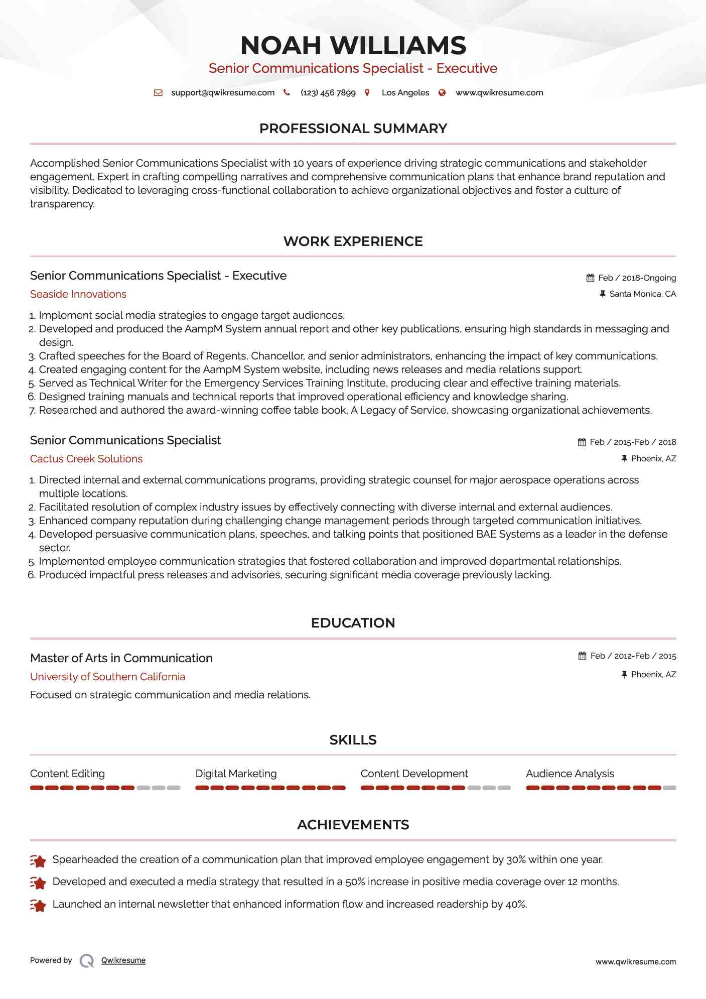 Senior Communications Specialist - Executive Resume Sample