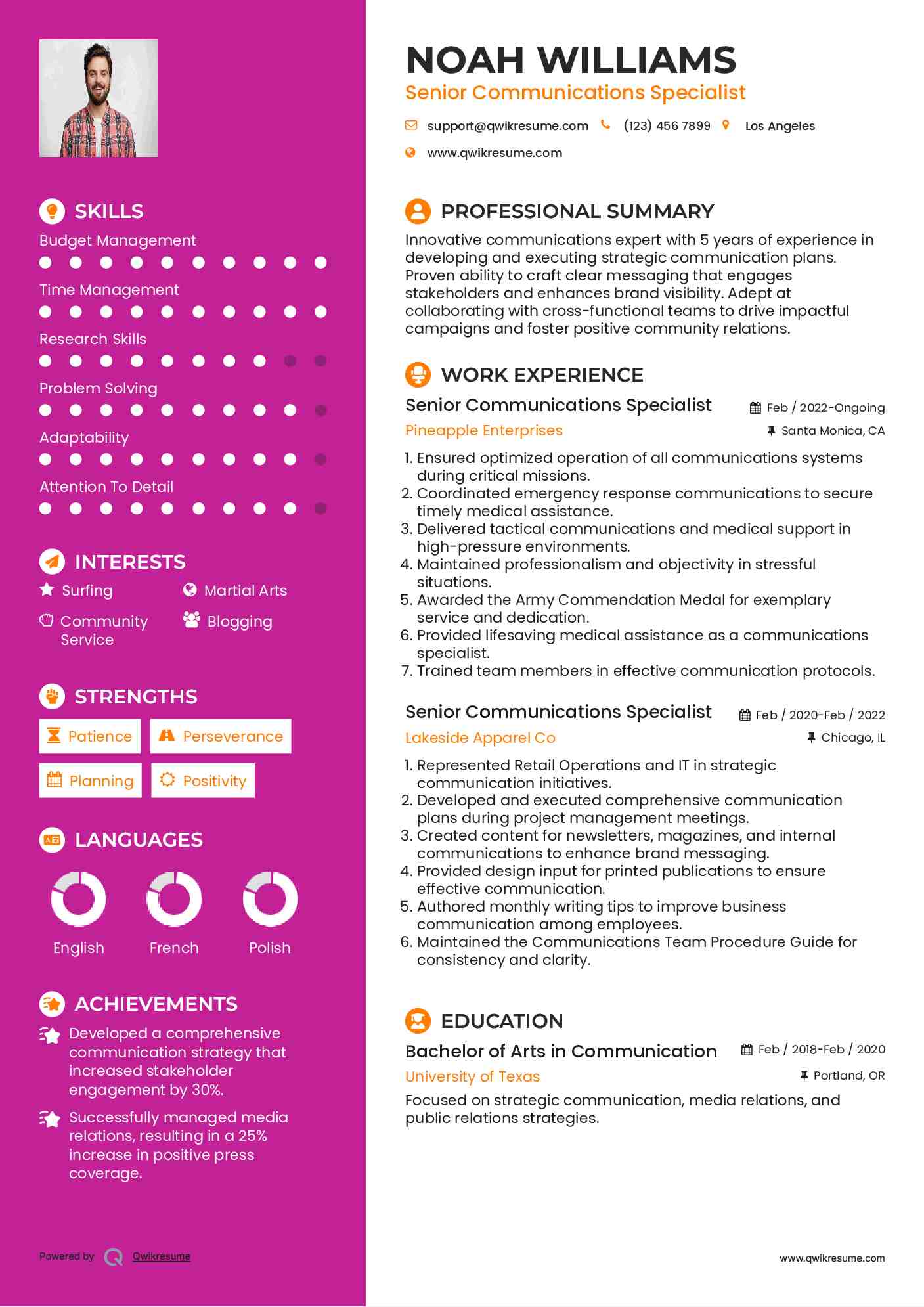 Senior Communications Specialist Resume Sample