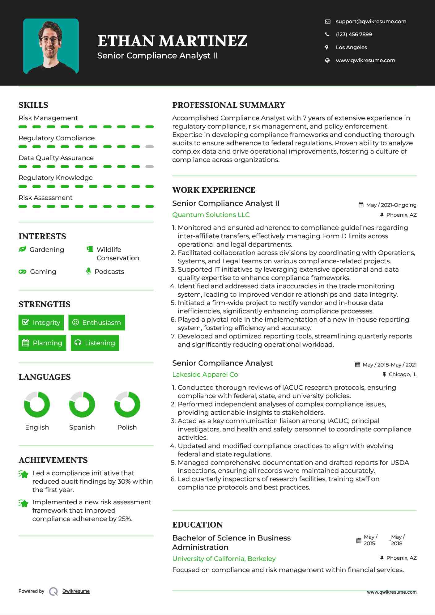 Senior Compliance Analyst II Resume Template