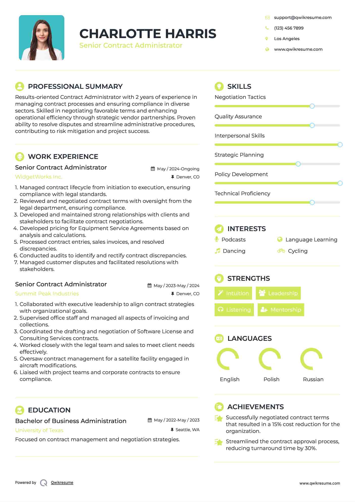 Senior Contract Administrator Resume Format