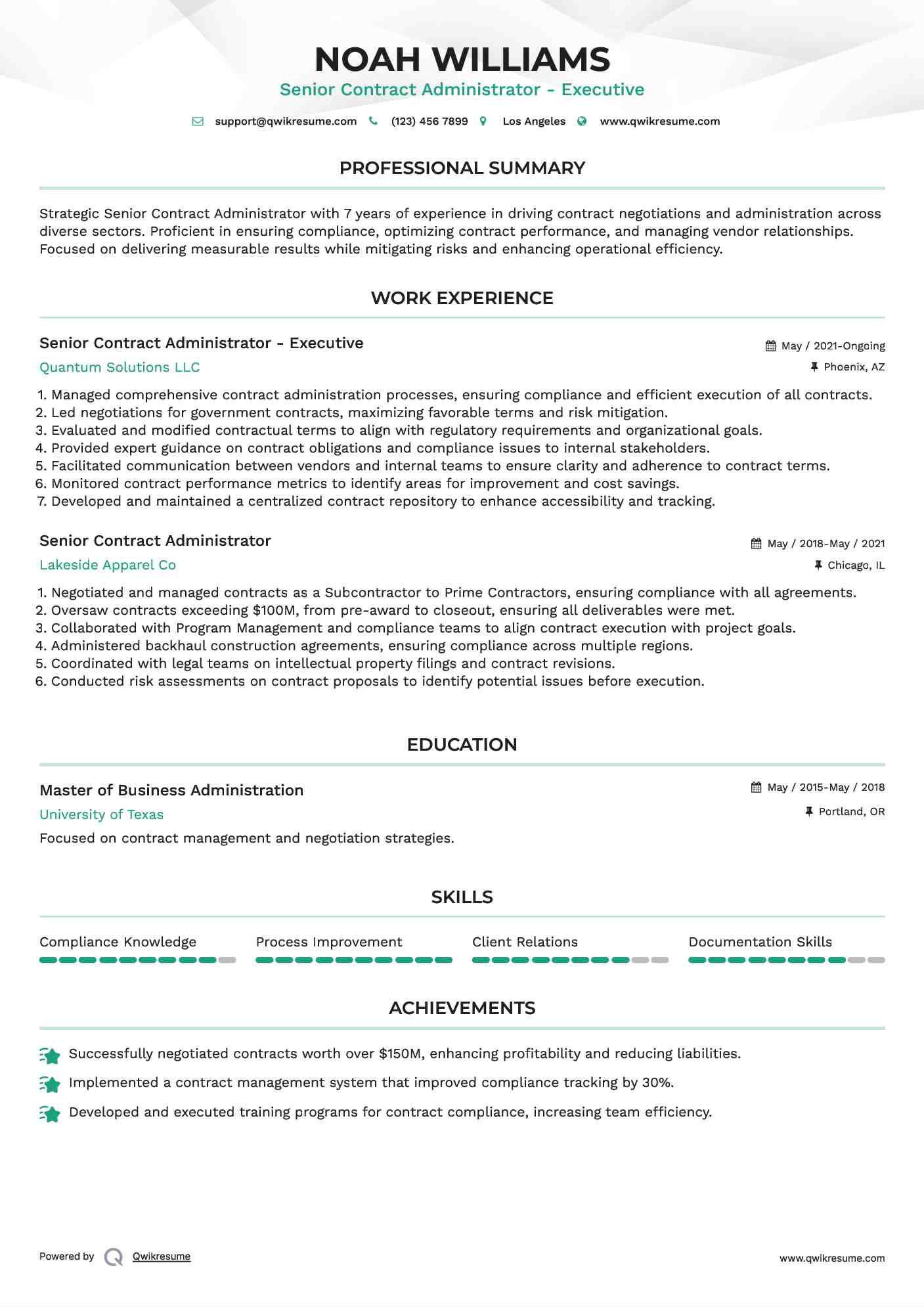 Senior Contract Administrator - Executive Resume Format